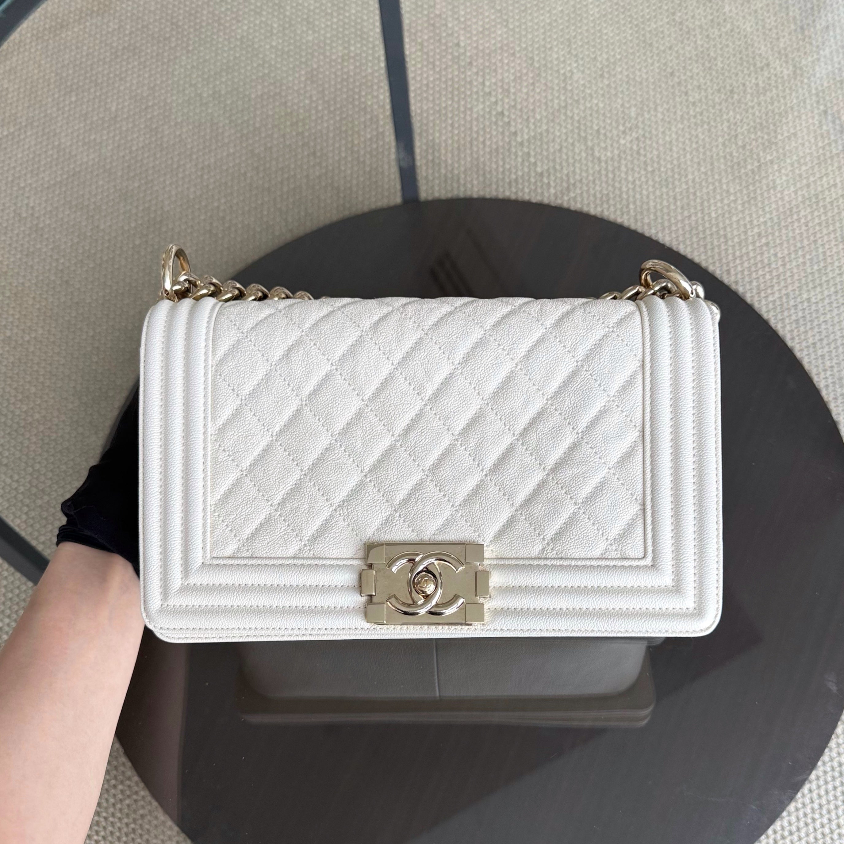 Chanel Boy Medium - Caivar 25CM Quilted Cream White Shiny Gold Hardware Series 28