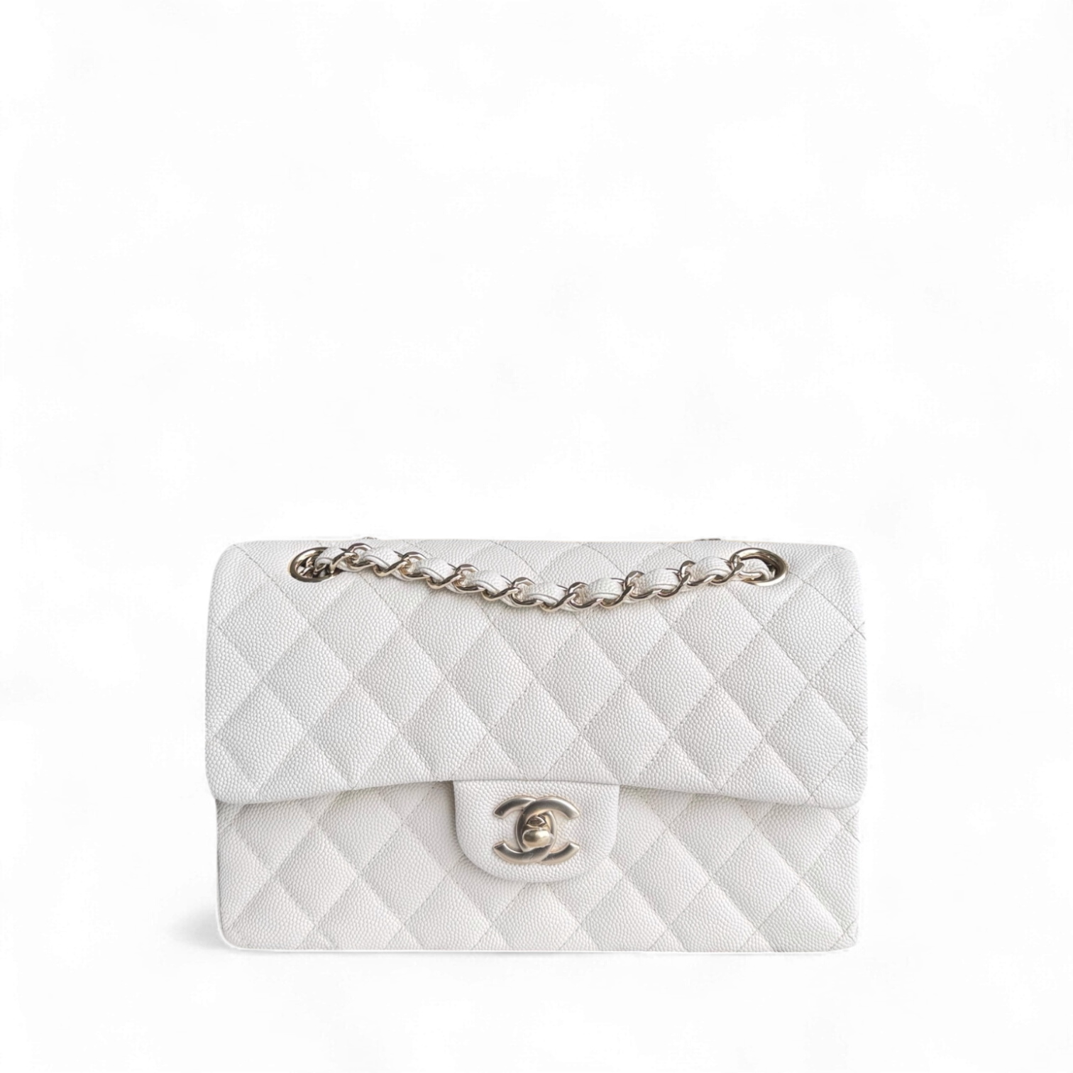 Chanel Classic Flap Small - Caviar 23CM Quilted Grained Calfskin White Light Gold Hardware Microchipped
