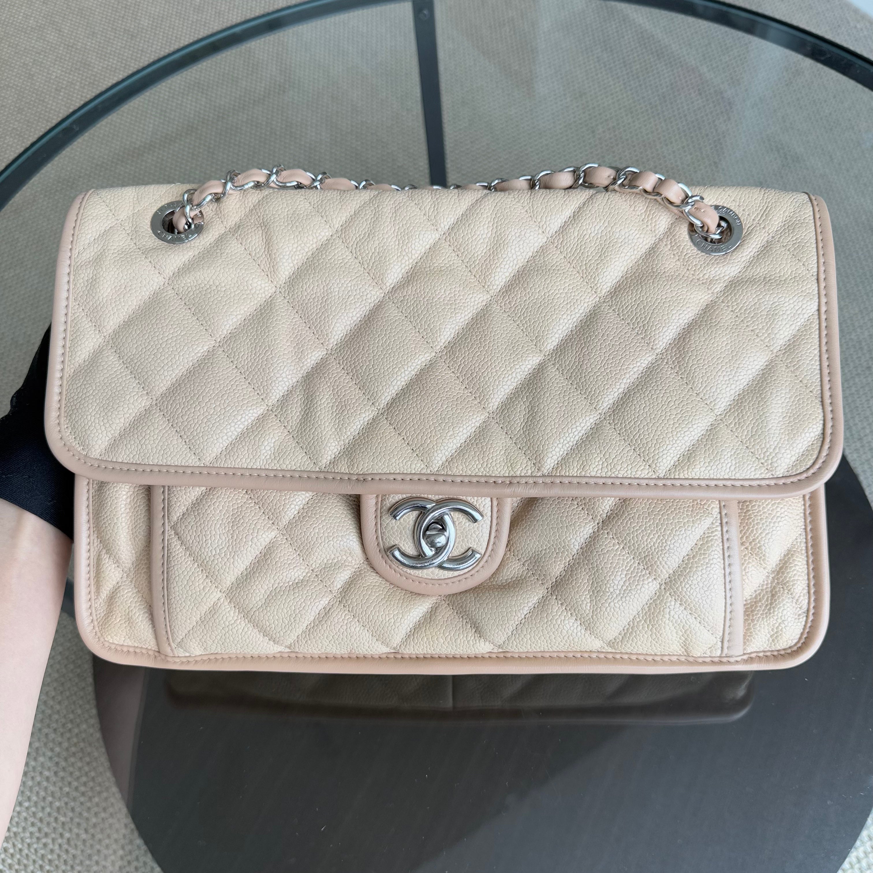 Chanel French Riviera Jumbo - Caviar 33CM Quilted Beige Silver Hardware Series 17