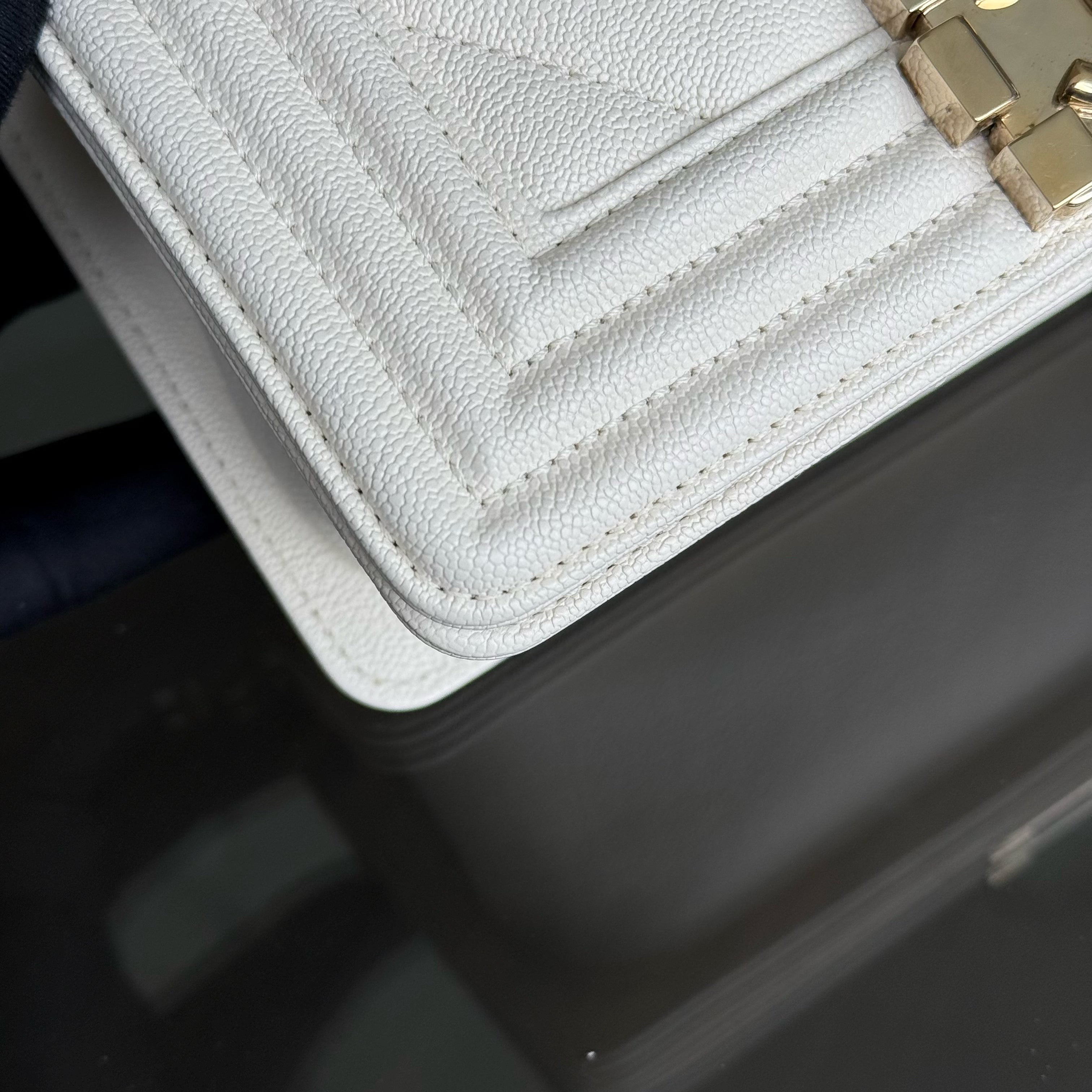 Chanel Boy Small - Caviar 20CM Chevron Cream White Gold Hardware Series 29