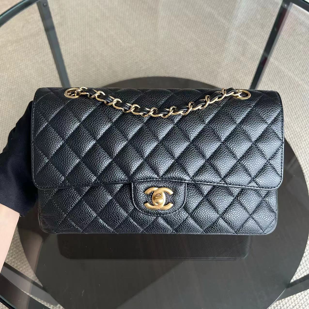 Caviar Medium Classic Flap Double Flap Quilted Black Golden Hardware Series 13