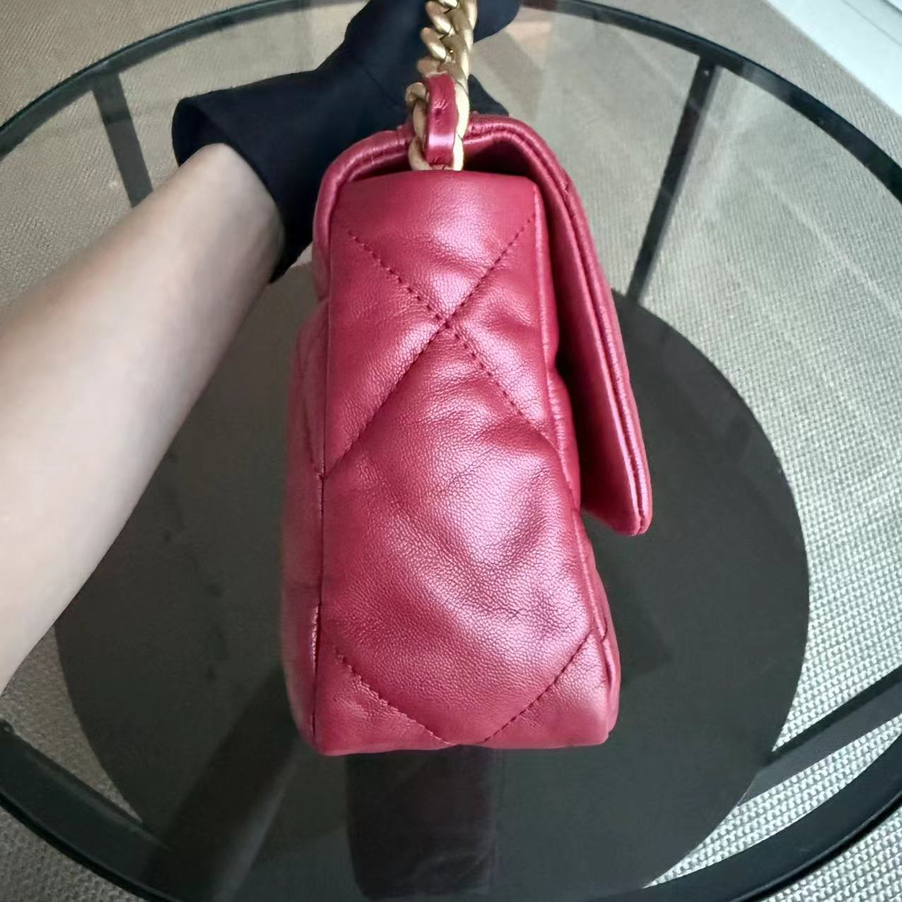 Chanel 19 Bag Small C19 Quilted Goatskin Burgundy Red Two Tone Hardware