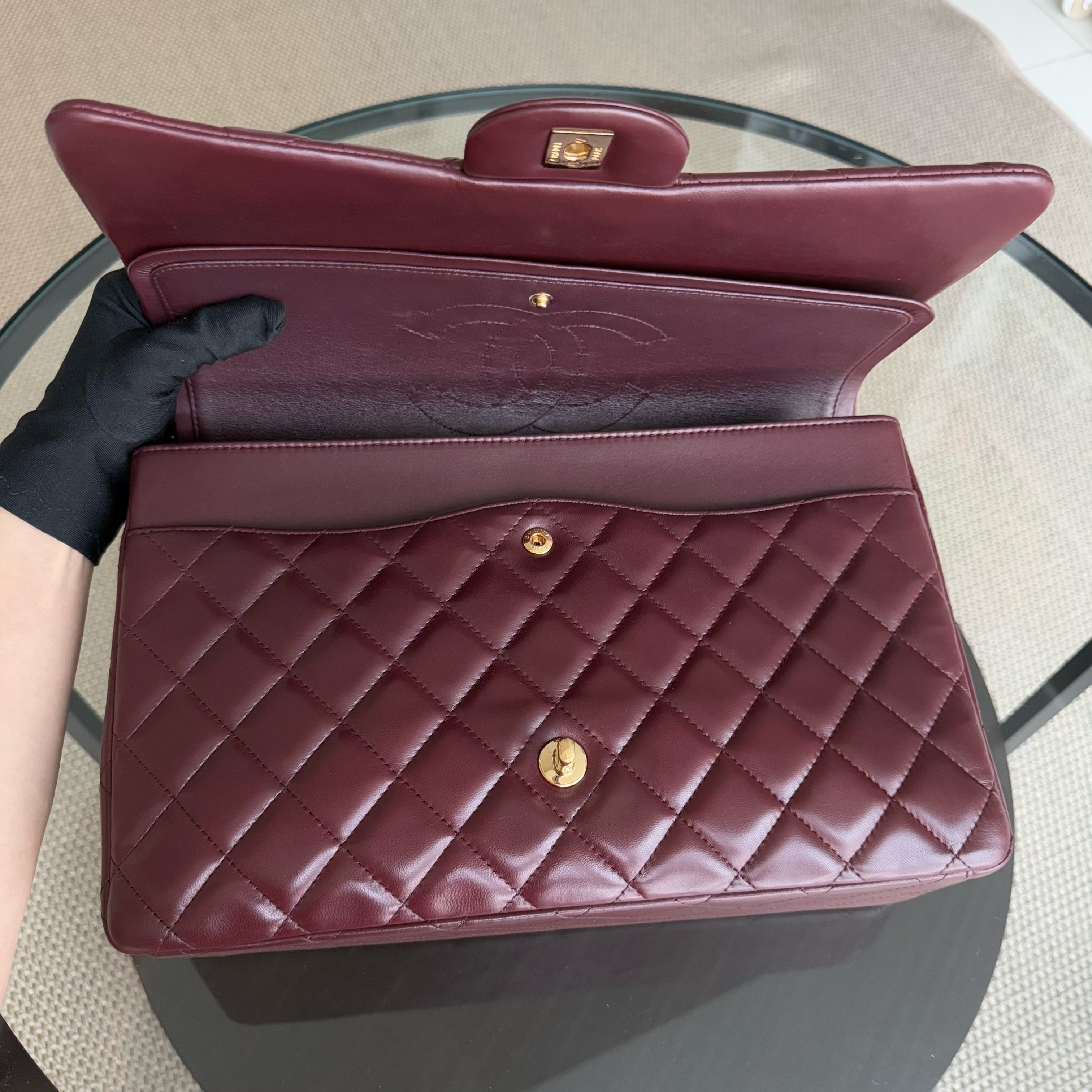 Chanel Classic Flap Maxi - 33CM Double Flap Quilted Lambskin Burgundy Gold Hardware Series 16