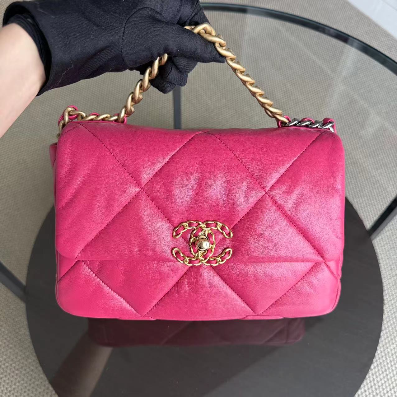 Chanel 19 Bag - Small 26CM C19 Quilted Goatskin Hot Pink Two-tone Gold Hardware Series 29