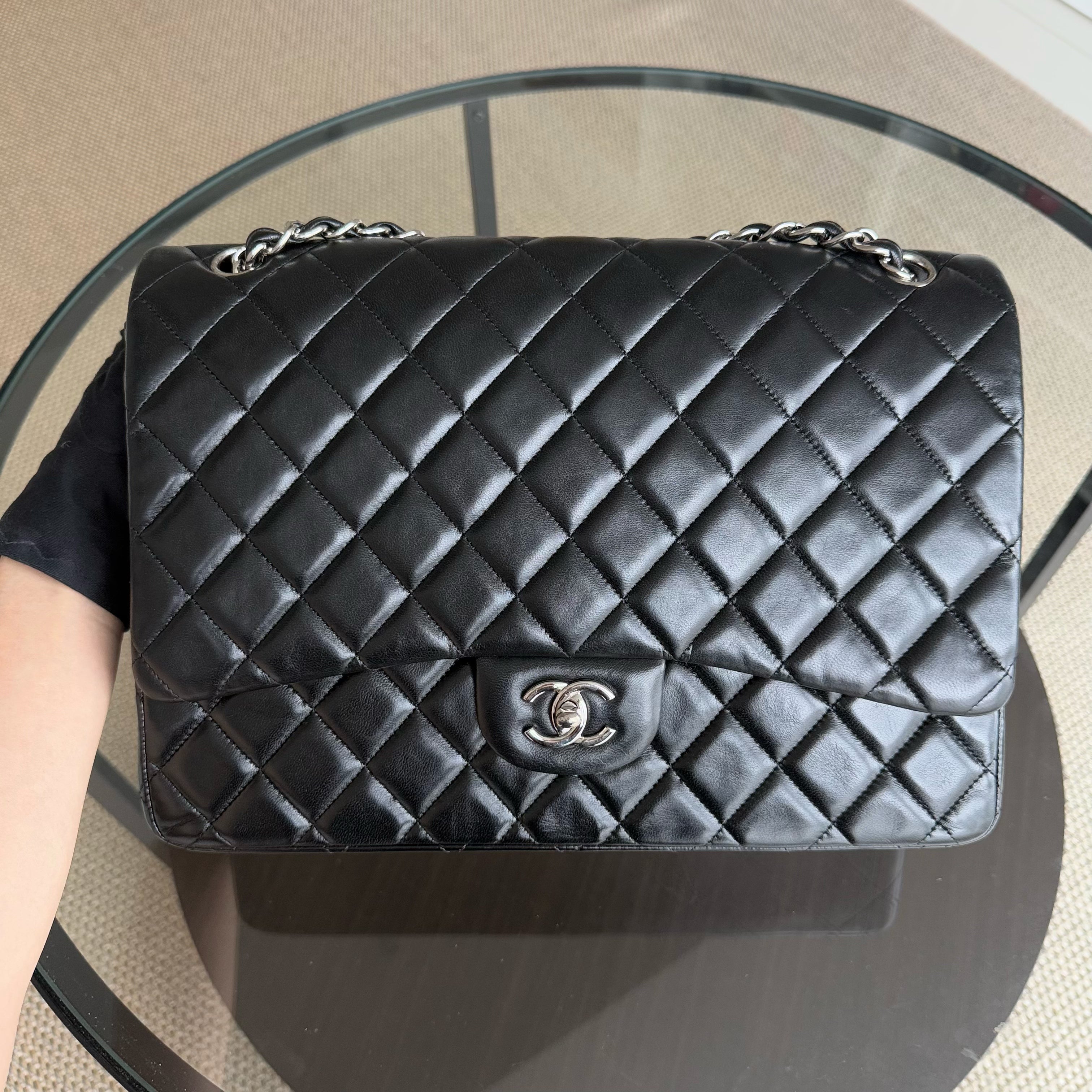 Chanel Classic Flap Maxi - 33CM Lambskin Single Flap Black Silver Hardware Series 13