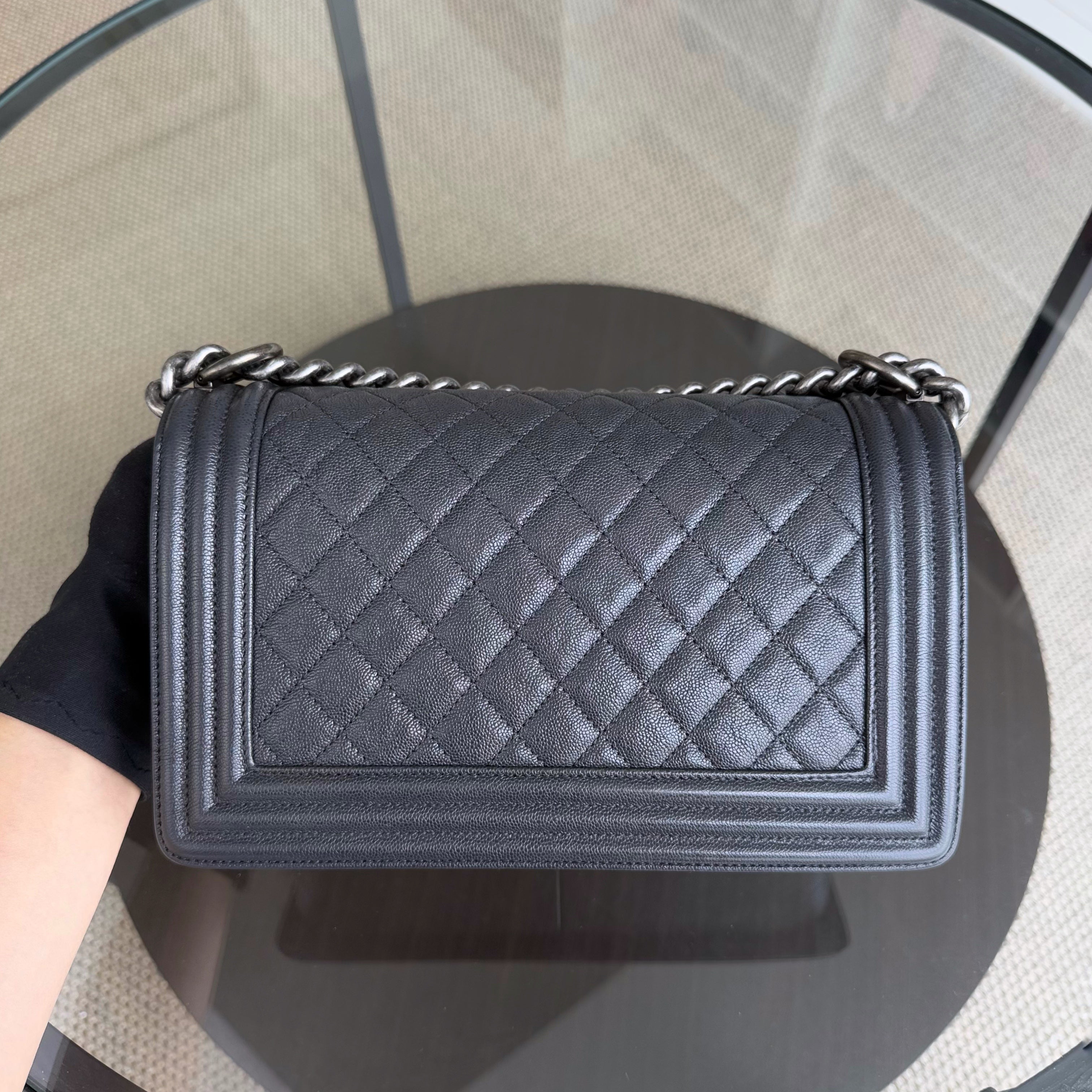 Chanel Boy Medium - Caviar 25CM Quilted Iridescent Grey Gray Ruthenium Silver Hardware Series 26