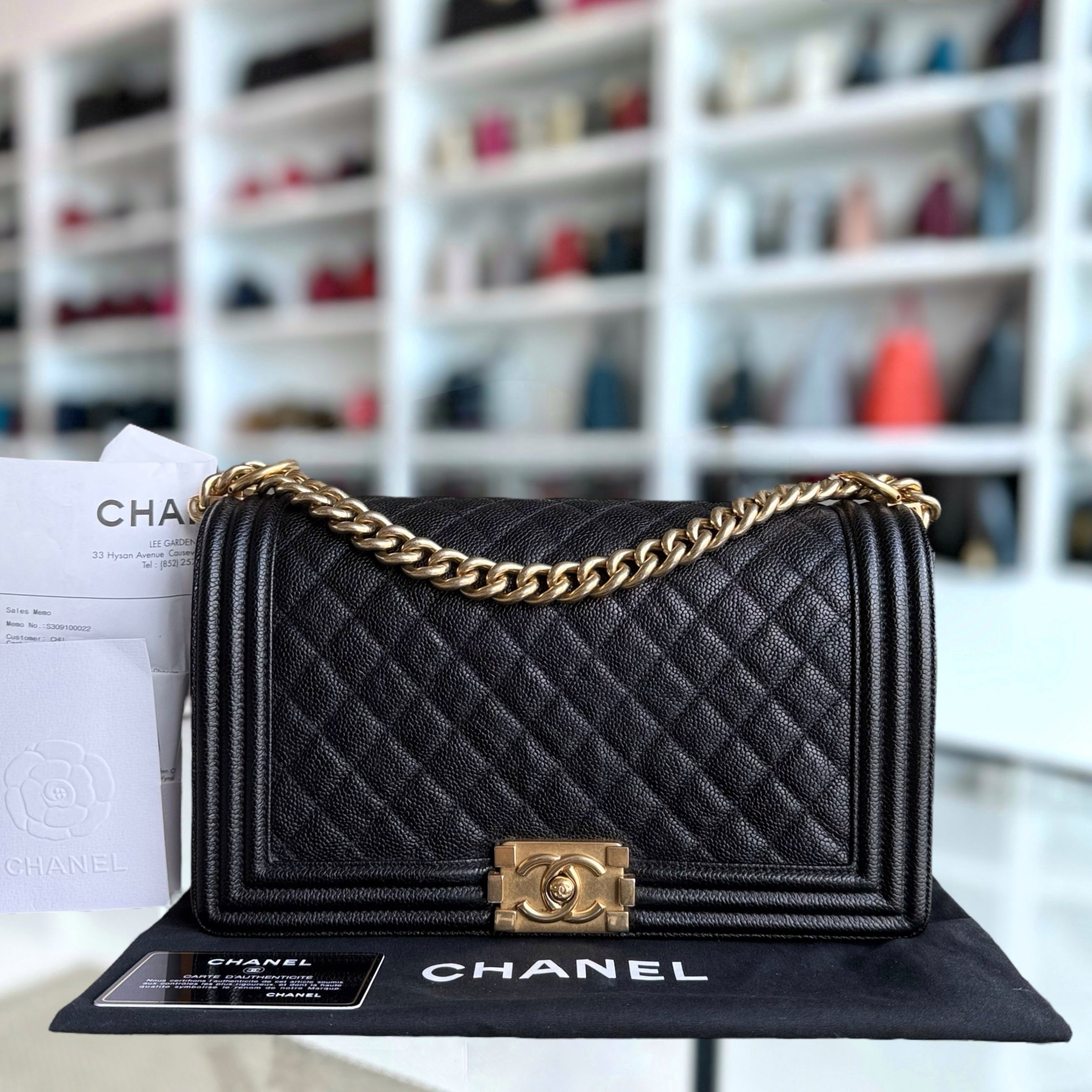 Chanel Boy Medium - Caviar 28CM Quilted Black Aged Gold Hardware Series 23