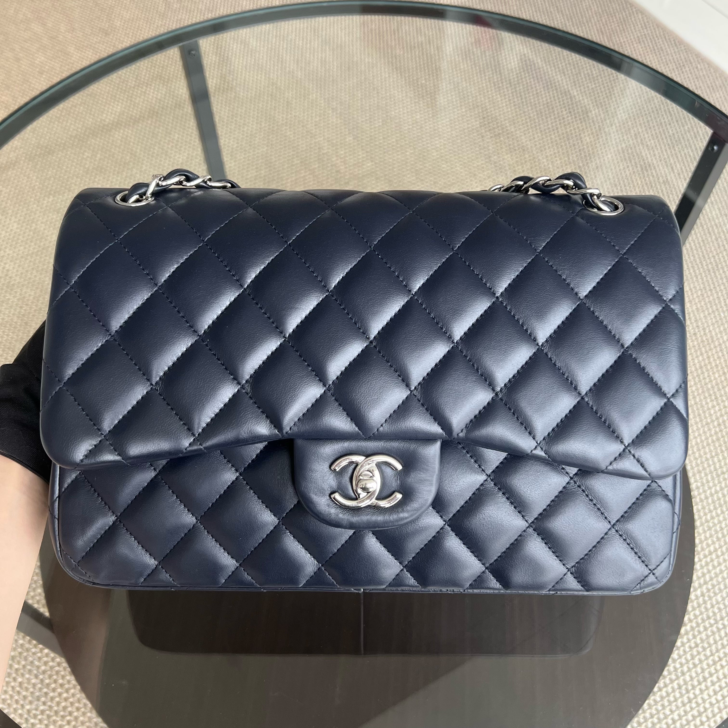 Chanel Classic Flap Jumbo - Double Flap Lambskin 30CM Quilted Dark Navy Blue Silver Hardware Series 16