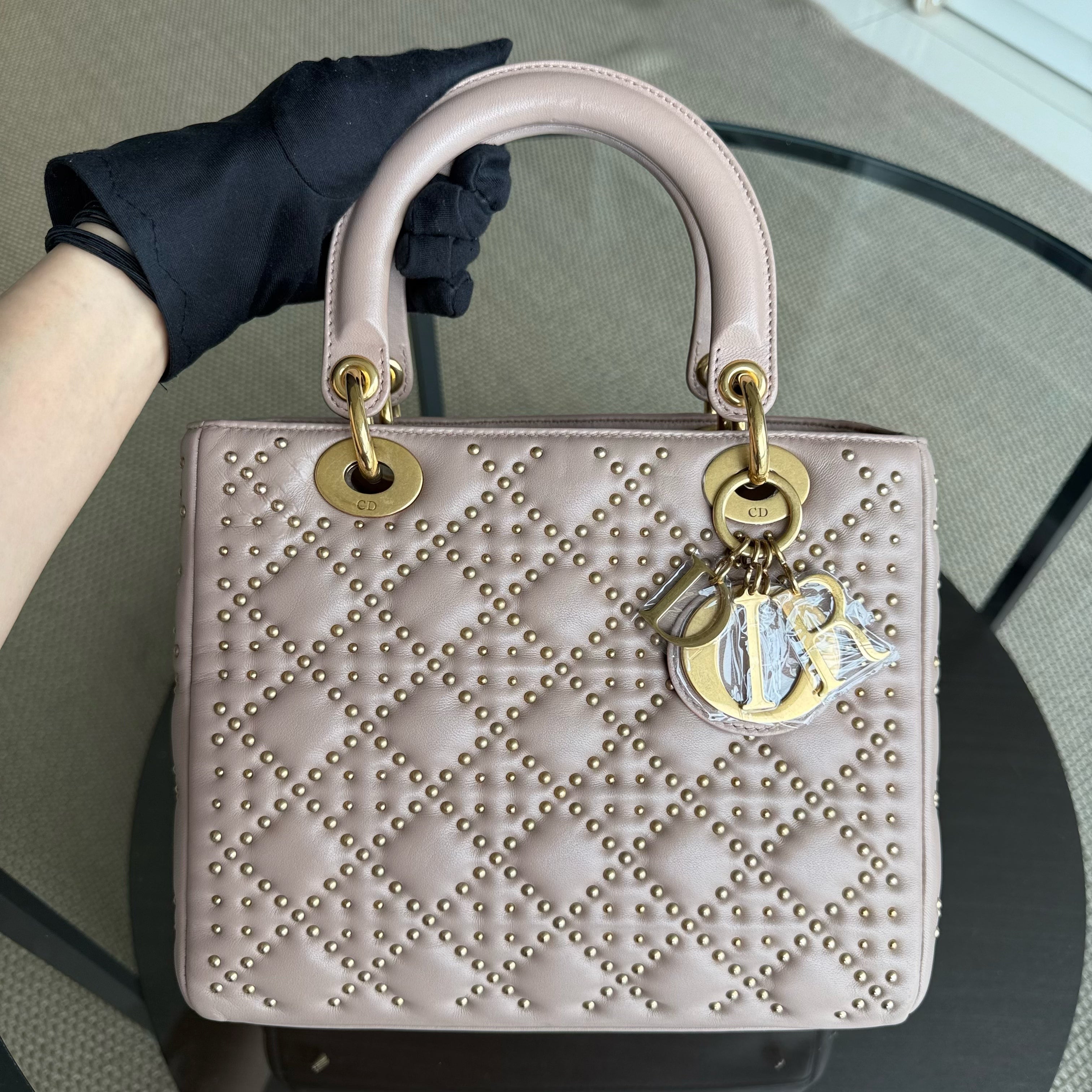 Dior Lady Medium - Studded Cannage Lambskin Blush Gold Hardware