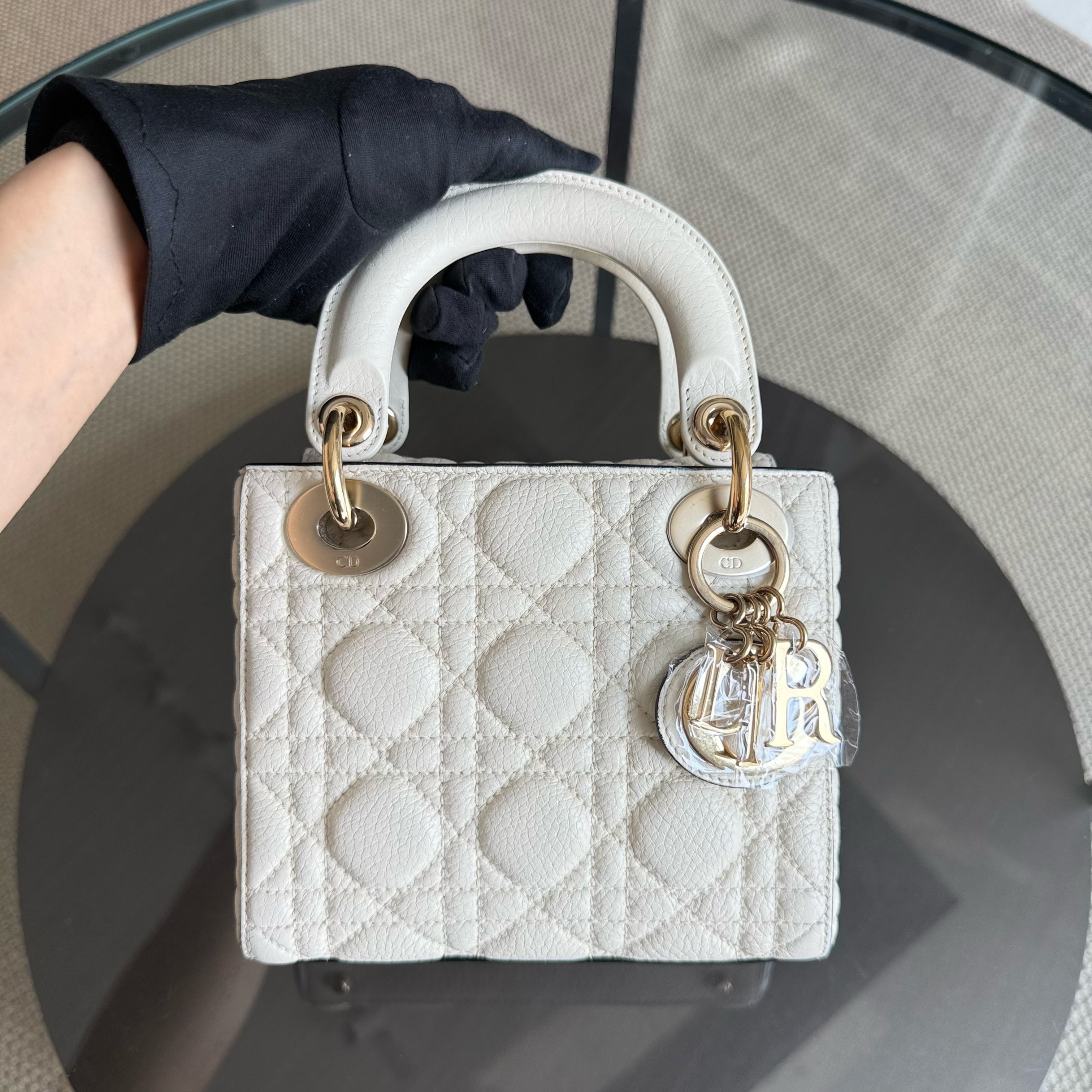 Dior Lady Mini - Grained Calfskin Cannage White Gold Hardware