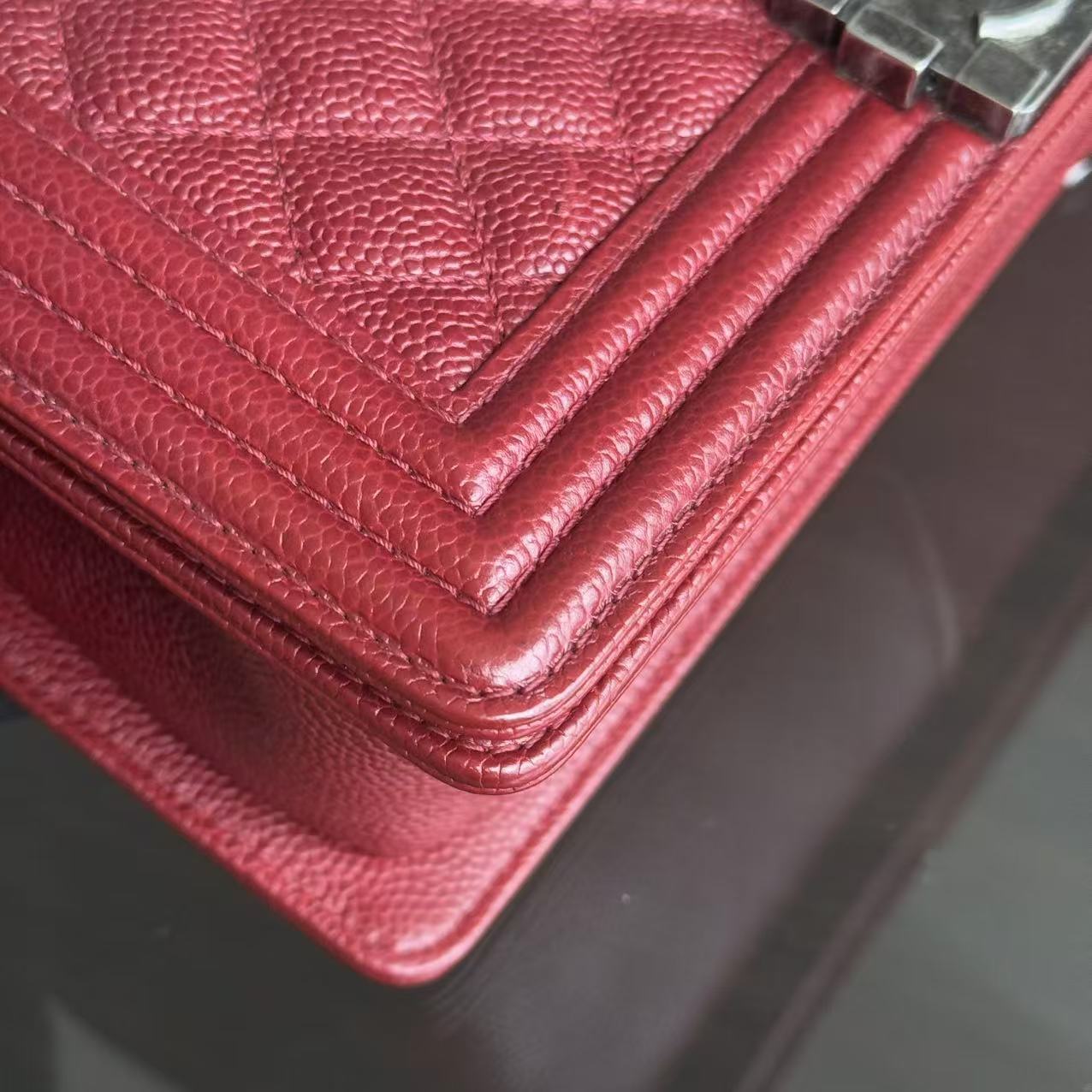 Chanel Boy Medium - Caviar 25CM Quilted Burgundy Dark Red Ruthenium Silver Hardware Series 20