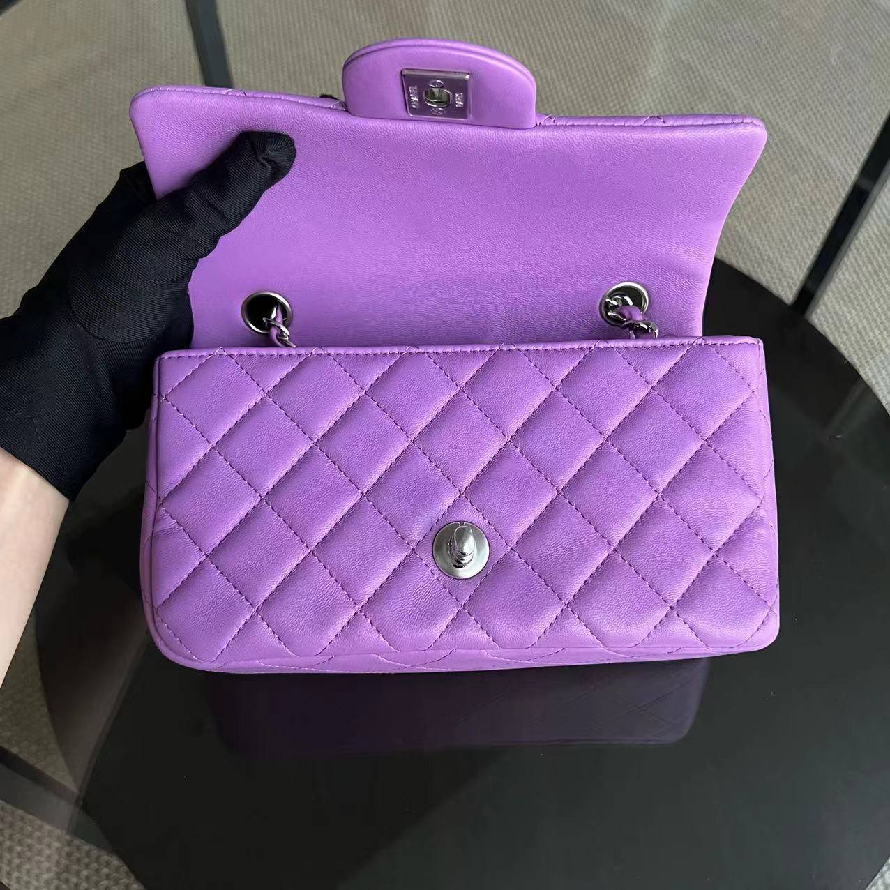 *Full Set, Receipt* Chanel Classic Flap Mini - 20CM Rectangle Quilted Lambskin Purple Silver Hardware Series 29