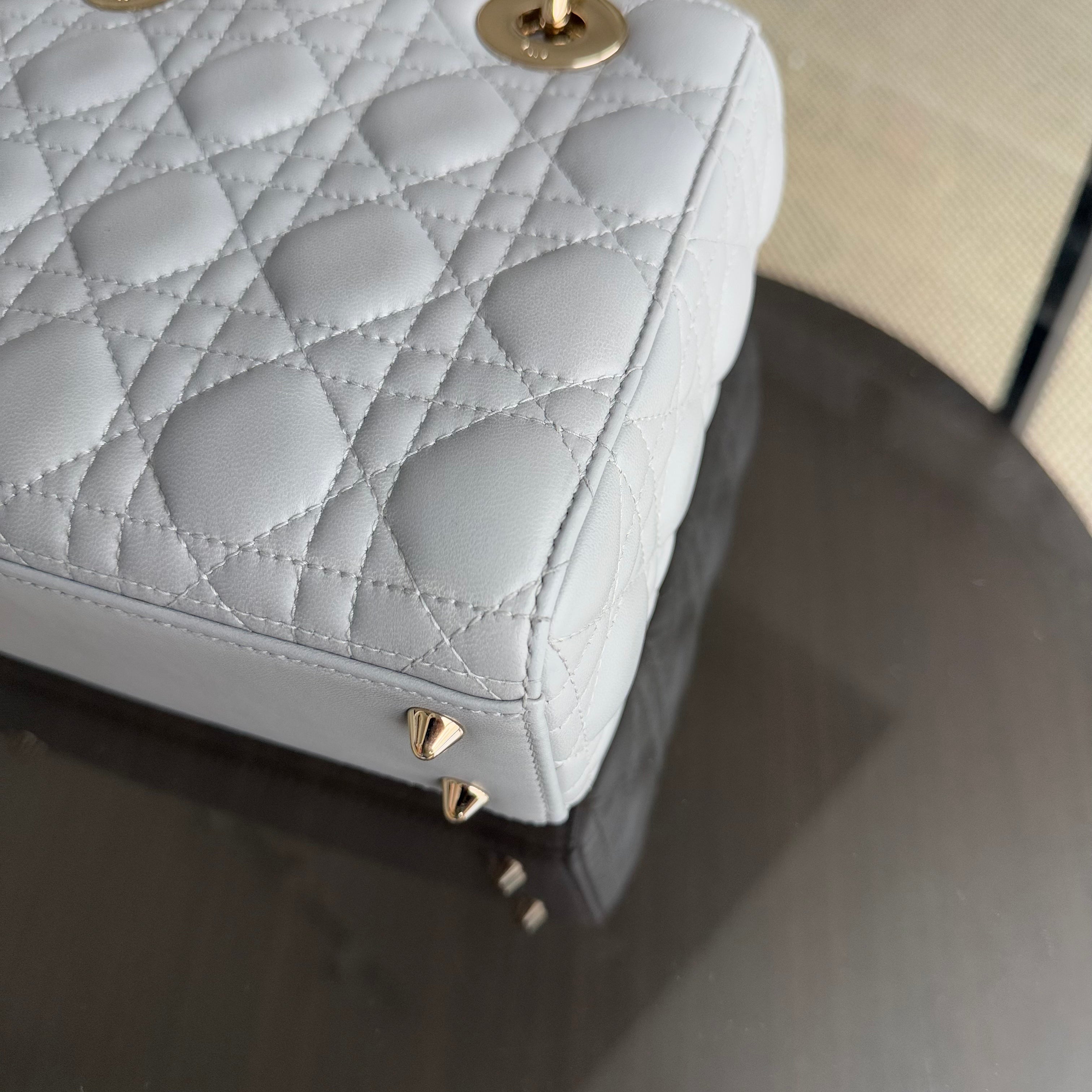 Dior Lady Small - Cannage Lambskin Grey Gray Gold Hardware