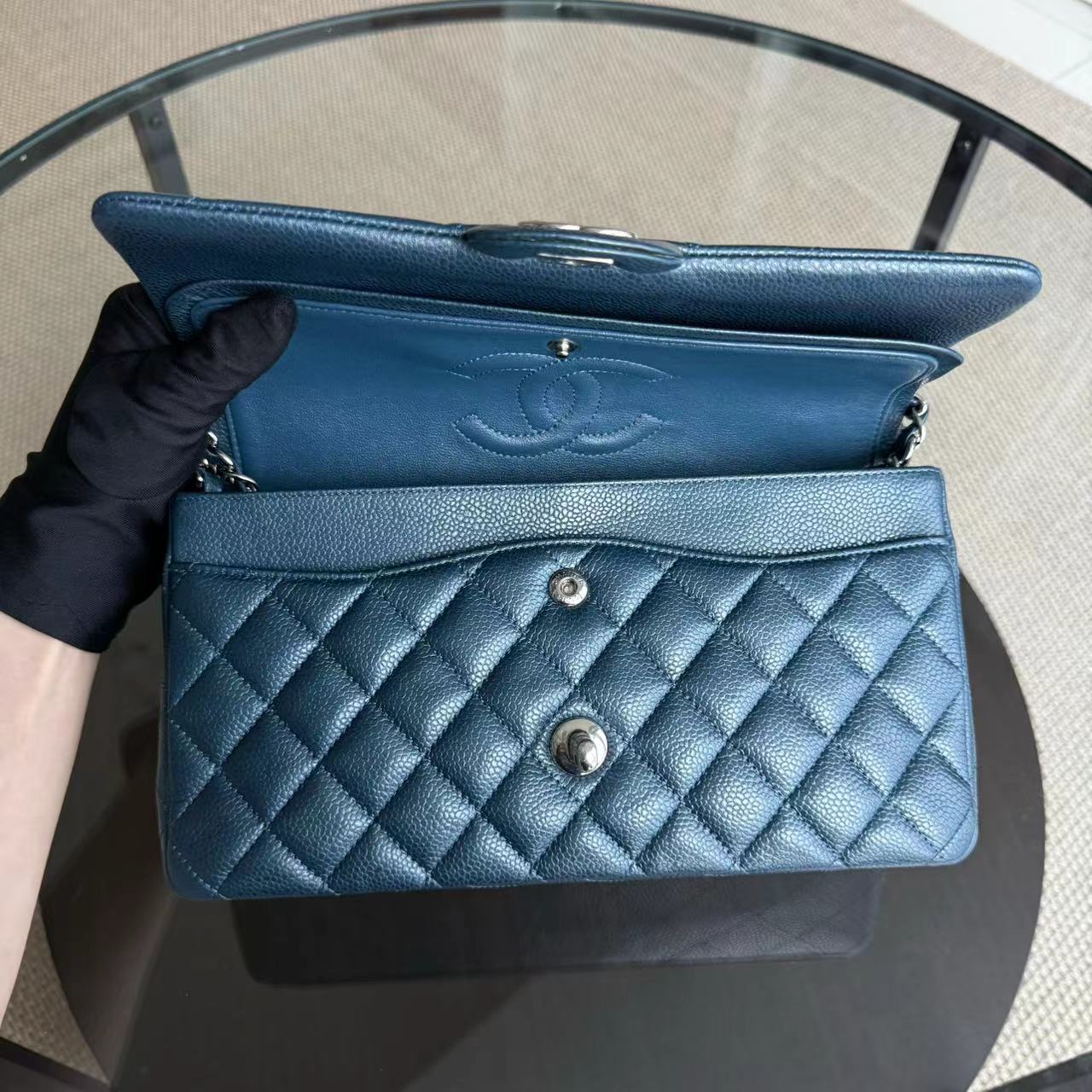 Caviar Medium Classic Flap Quilted Dark Blue Green Silver Hardware Series 20