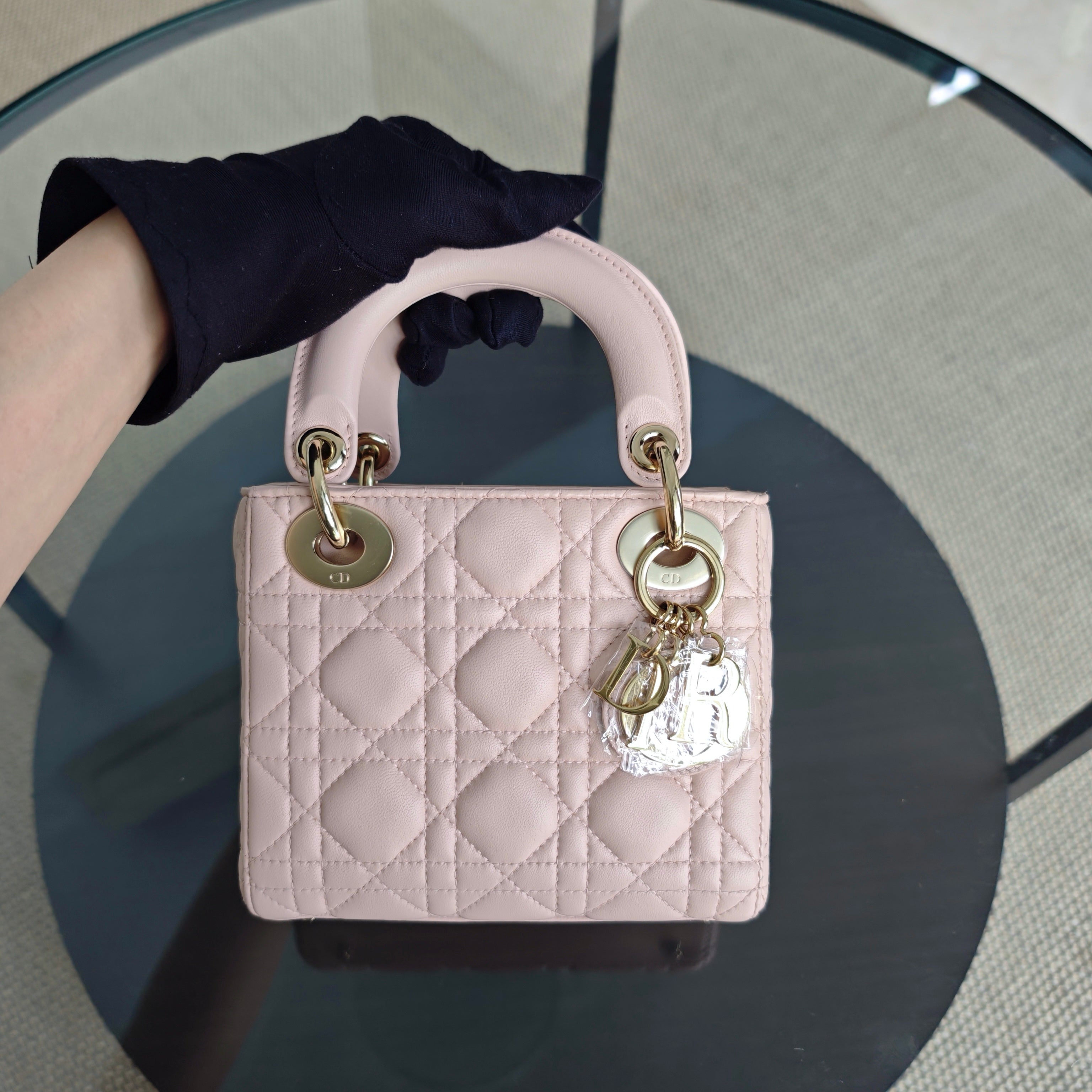Dior Lady Mini - Cannage Lambskin Light Pink Gold Hardware Adjustable Strap
