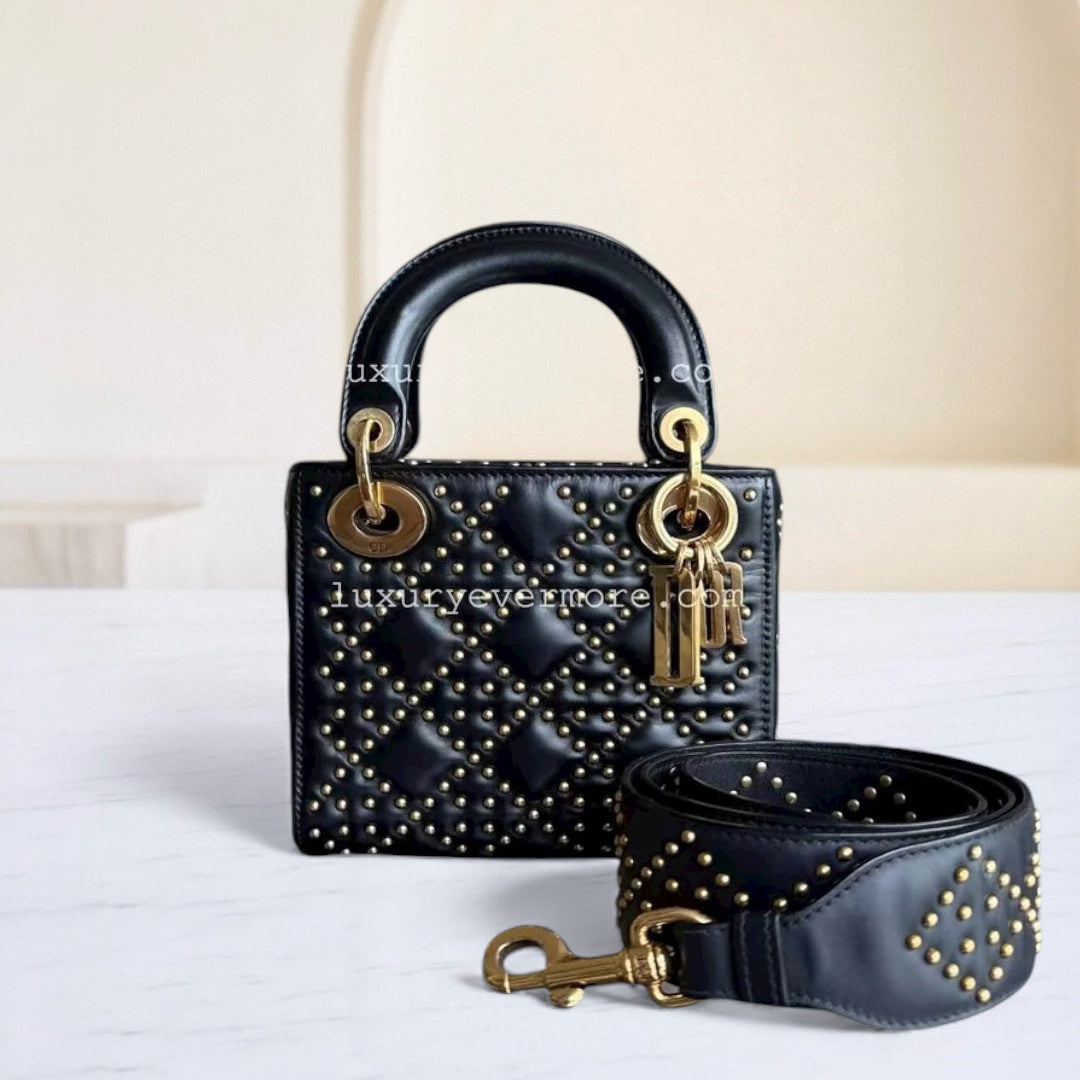 Dior Lady Mini Quilted Studded Lambskin Black Golden Hardware