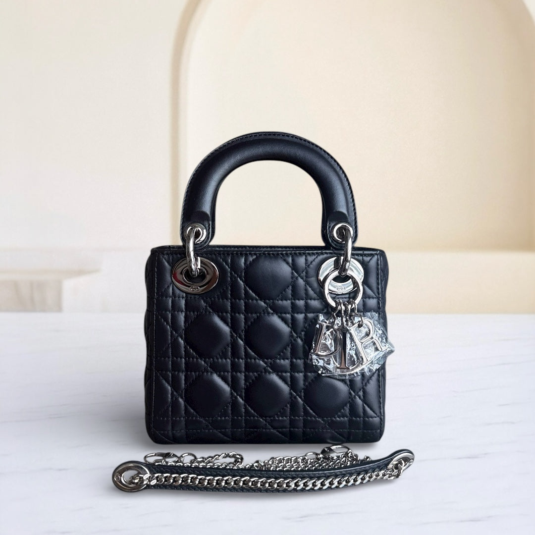 Dior Lady Mini - Cannage Lambskin Midnight Blue Silver Hardware Chain Strap