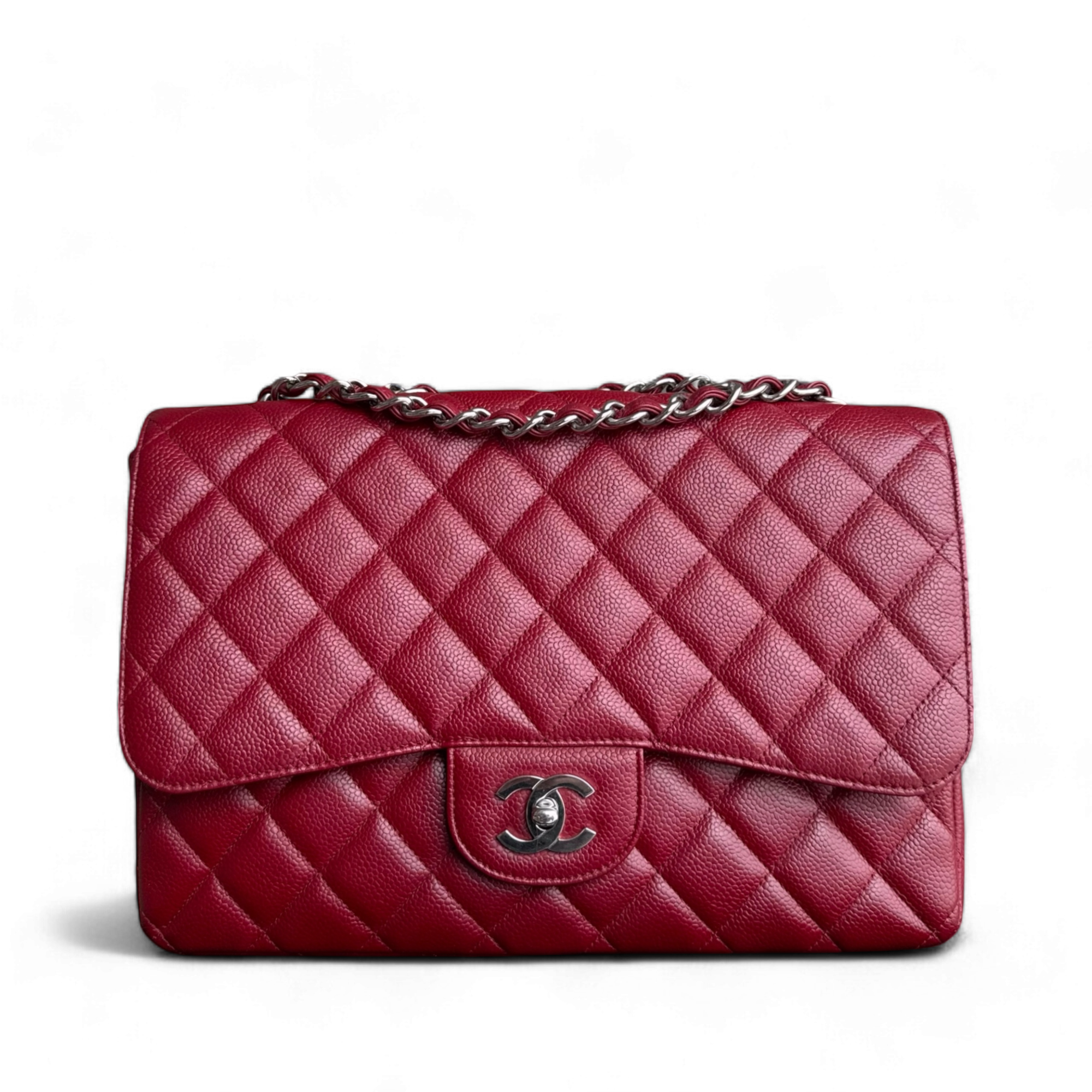 Chanel Classic Flap Jumbo - Caviar 30CM Single Flap Quilted Burgundy Dark Red Silver Hardware Series 13