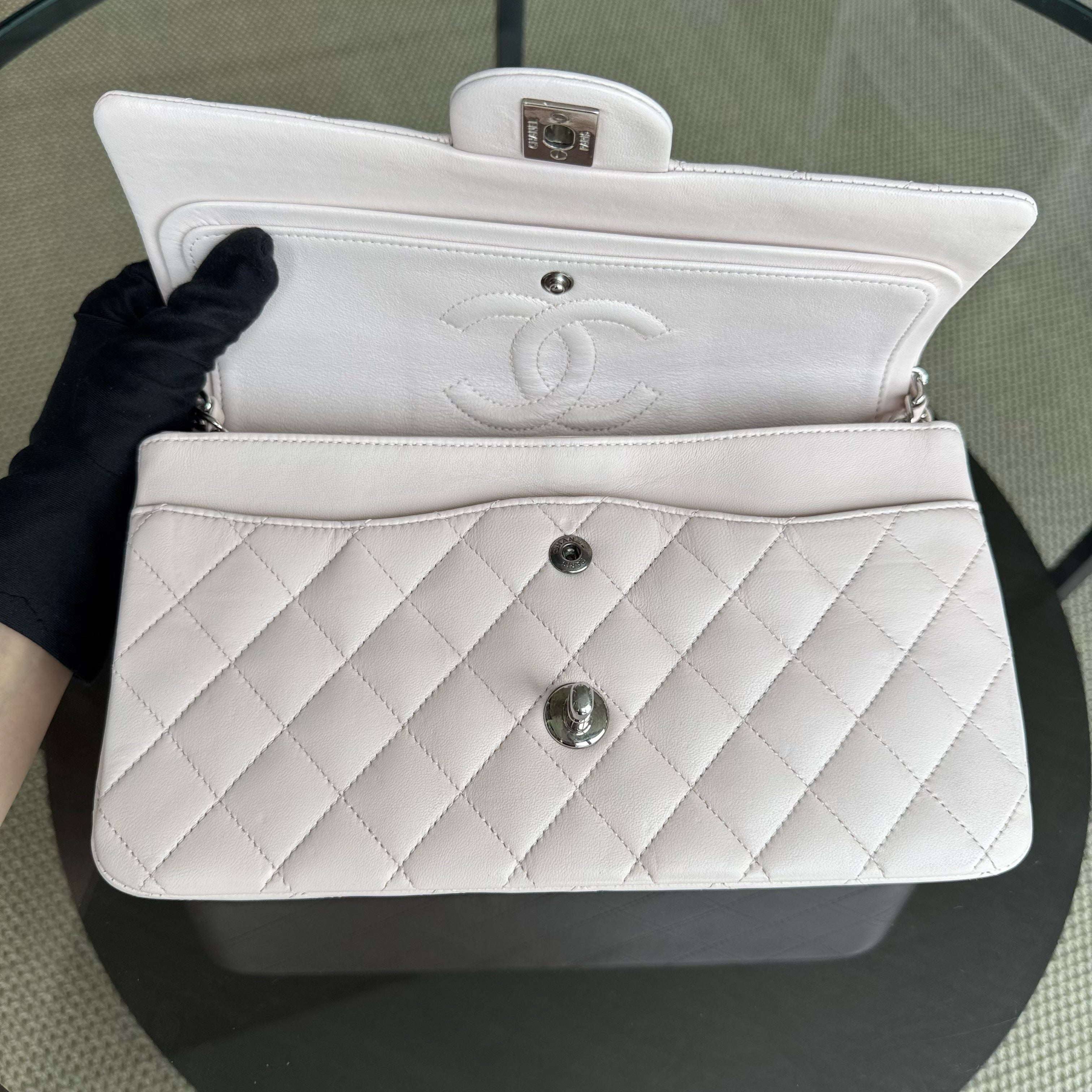 Chanel Classic Flap Medium - 25CM Quilted Lambskin Light Pink Silver Hardware Series 14