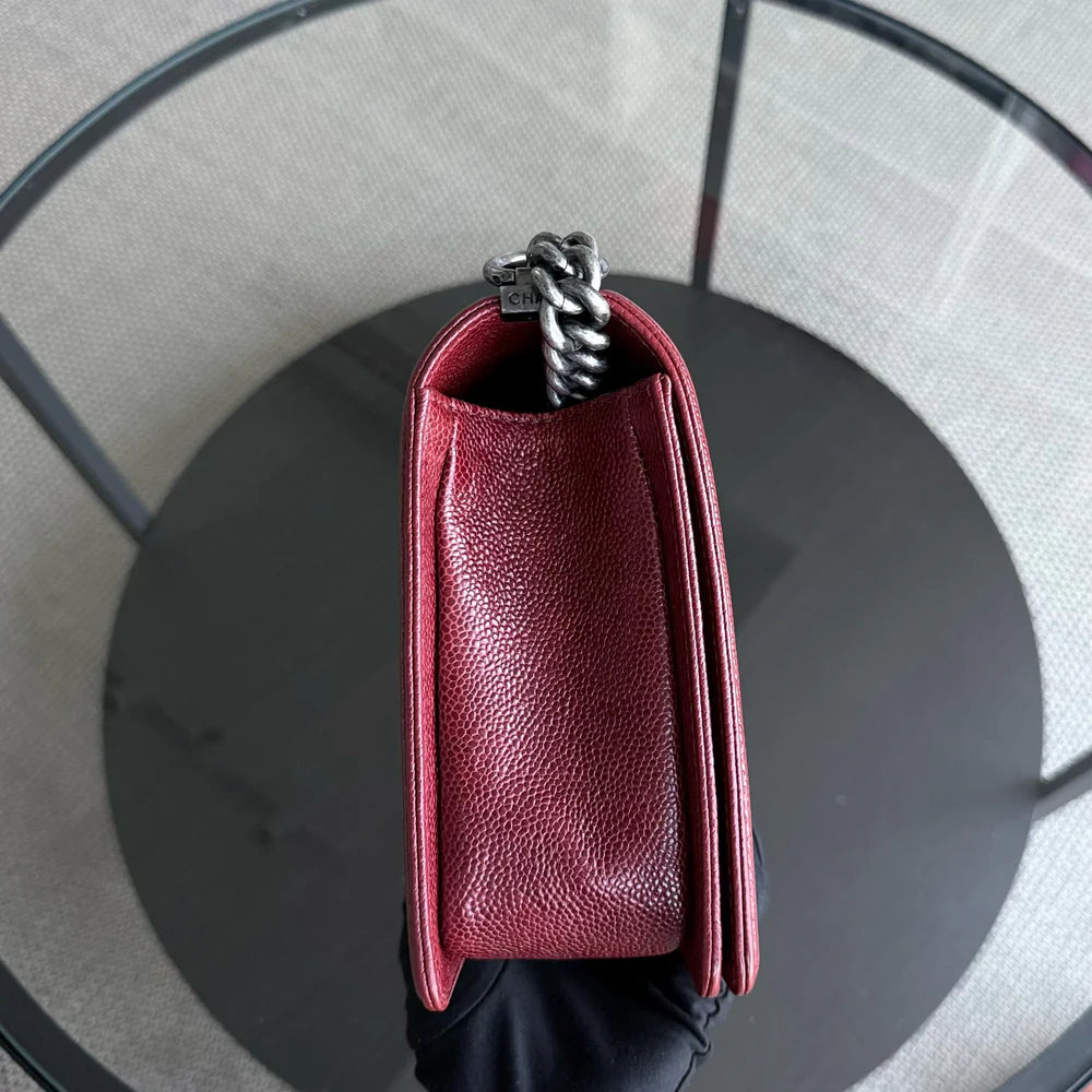Chanel Boy Medium - 28CM Caviar Quilted Grained Calfskin Burgundy Dark Red Silver Hardware Series 19
