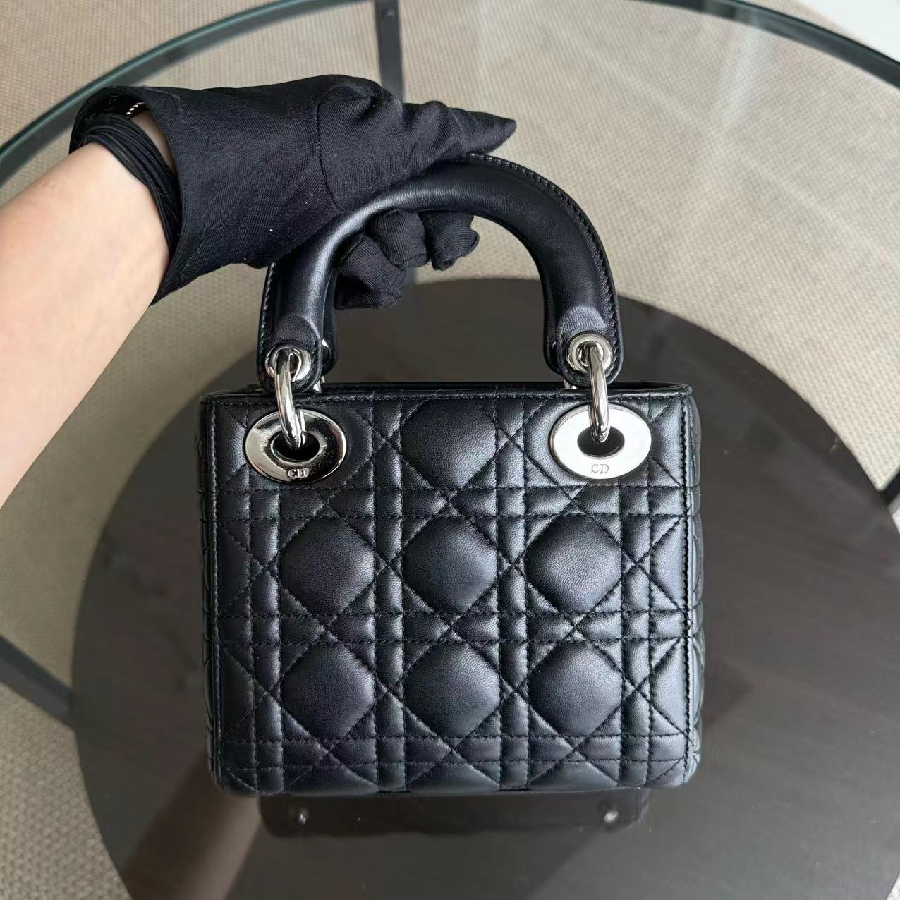 Dior Lady Mini - Cannage Lambskin Black Silver Hardware Chain Strap