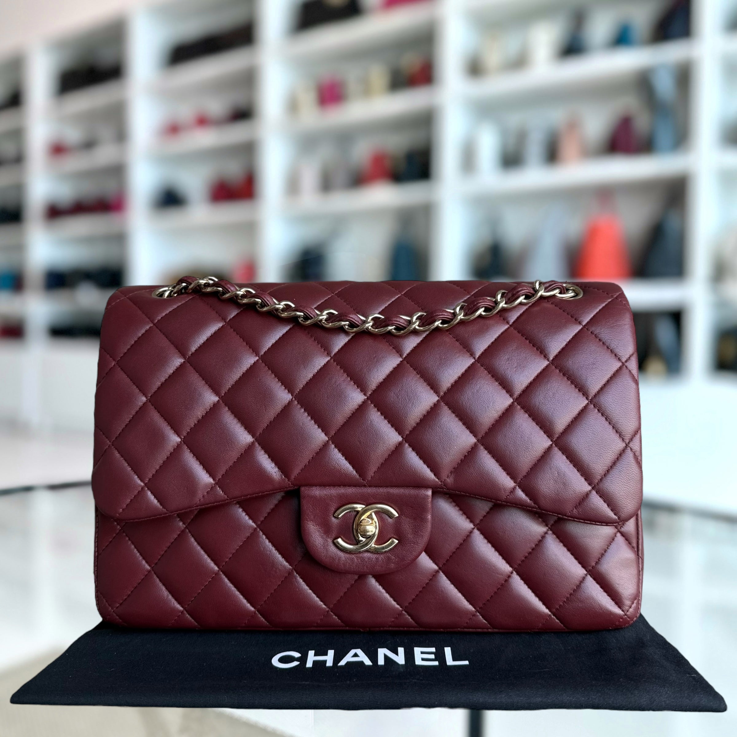 Chanel Classic Flap Jumbo - Double Flap 30CM Quilted Lambskin Burgundy Dark Red Gold Hardware Series 21