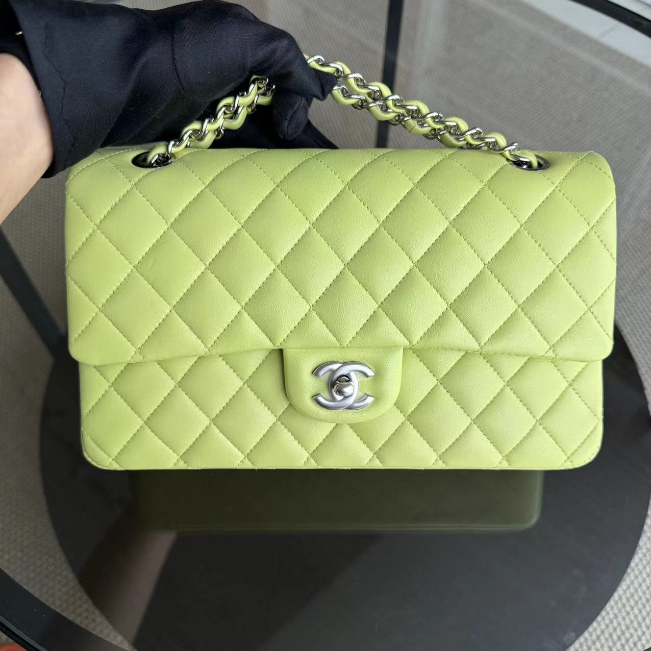 *Full Set, Receipt* Chanel Classic Flap Medium Quilted Lambskin Light Yellow Silver Hardware