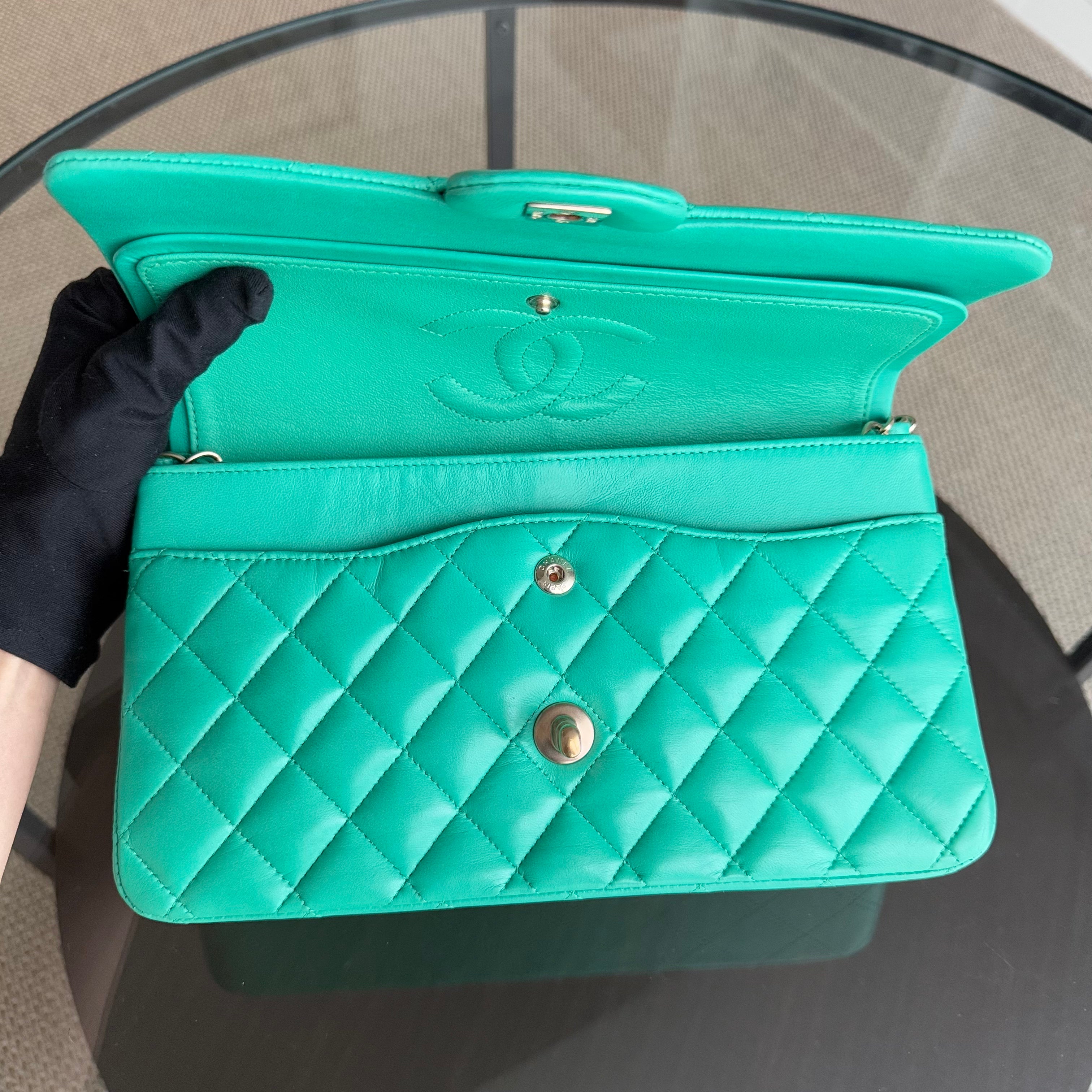 Chanel Classic Flap Medium - Quilted Lambskin Green Blue Gold Hardware Series 18