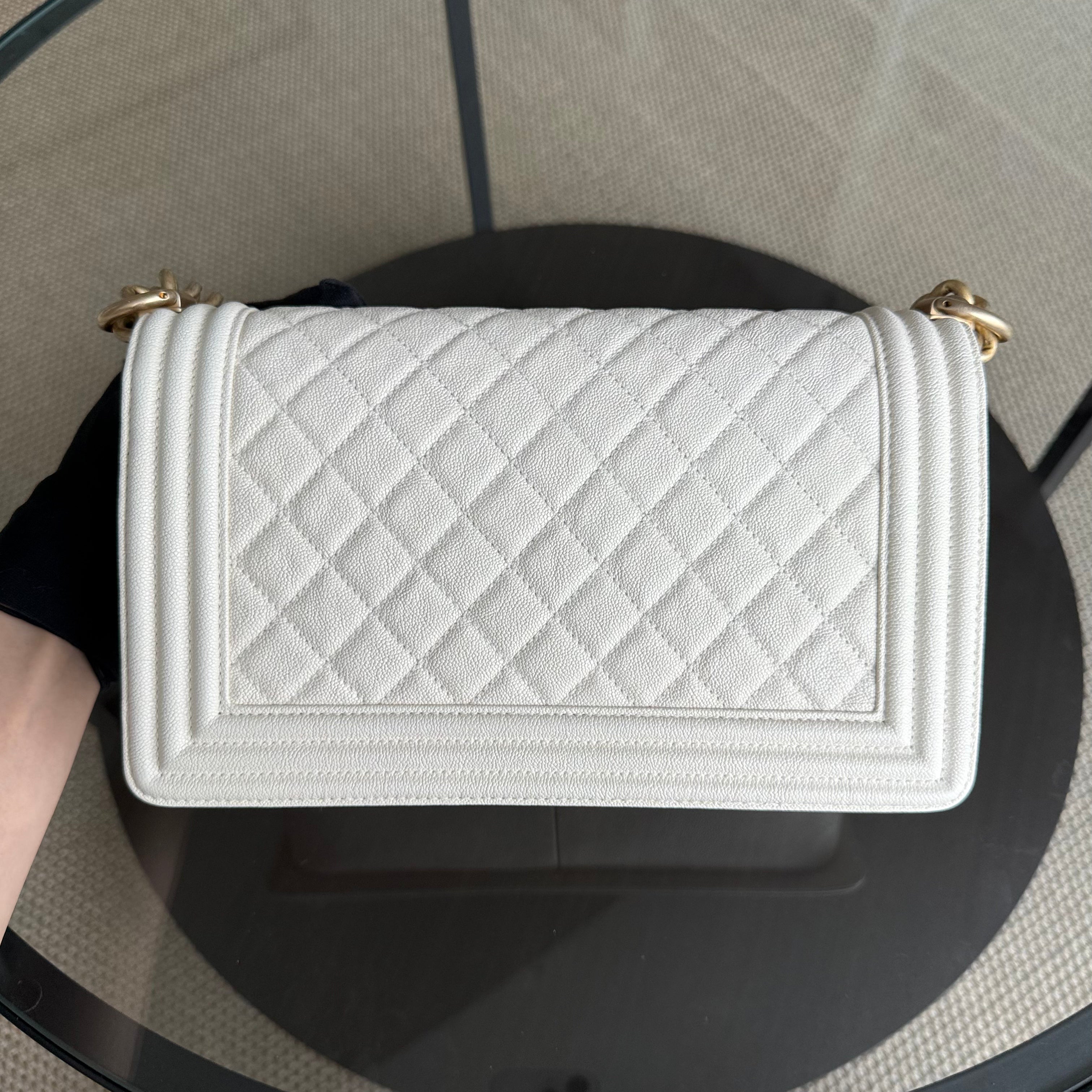 Chanel Boy Medium - Caviar 25CM Quilted Cream White Aged Gold Hardware Series 27