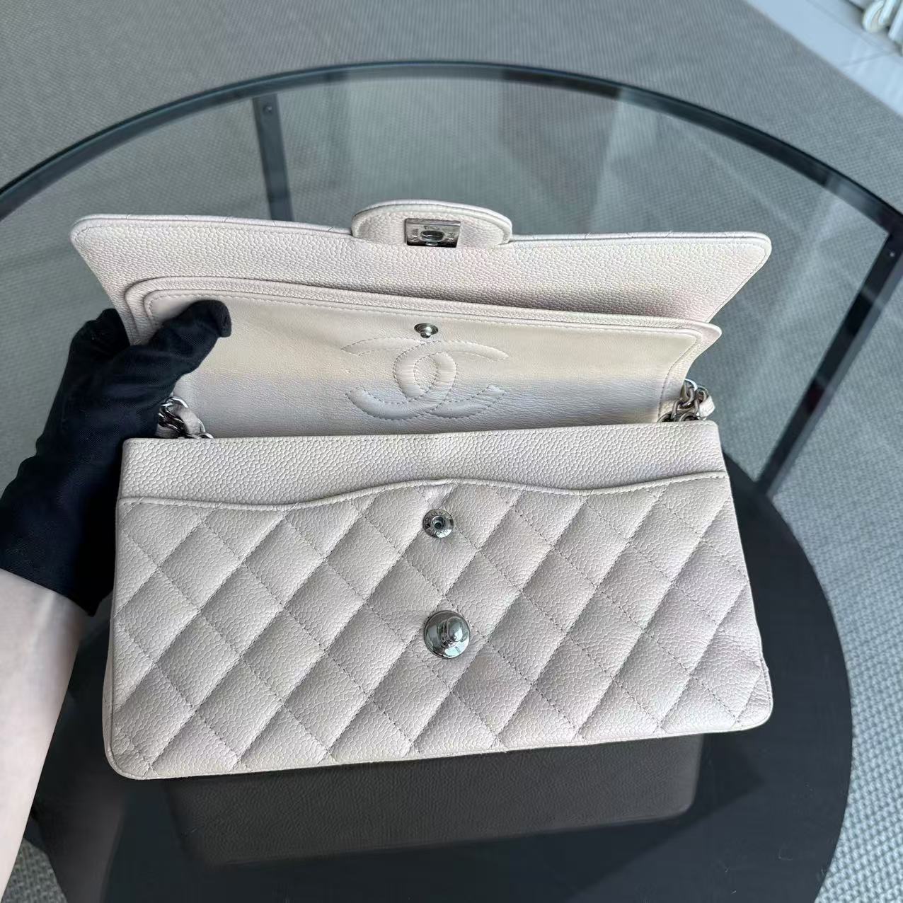 Chanel Classic Flap Medium - Caviar 25CM Quilted Light Beige Silver Hardware Series 18