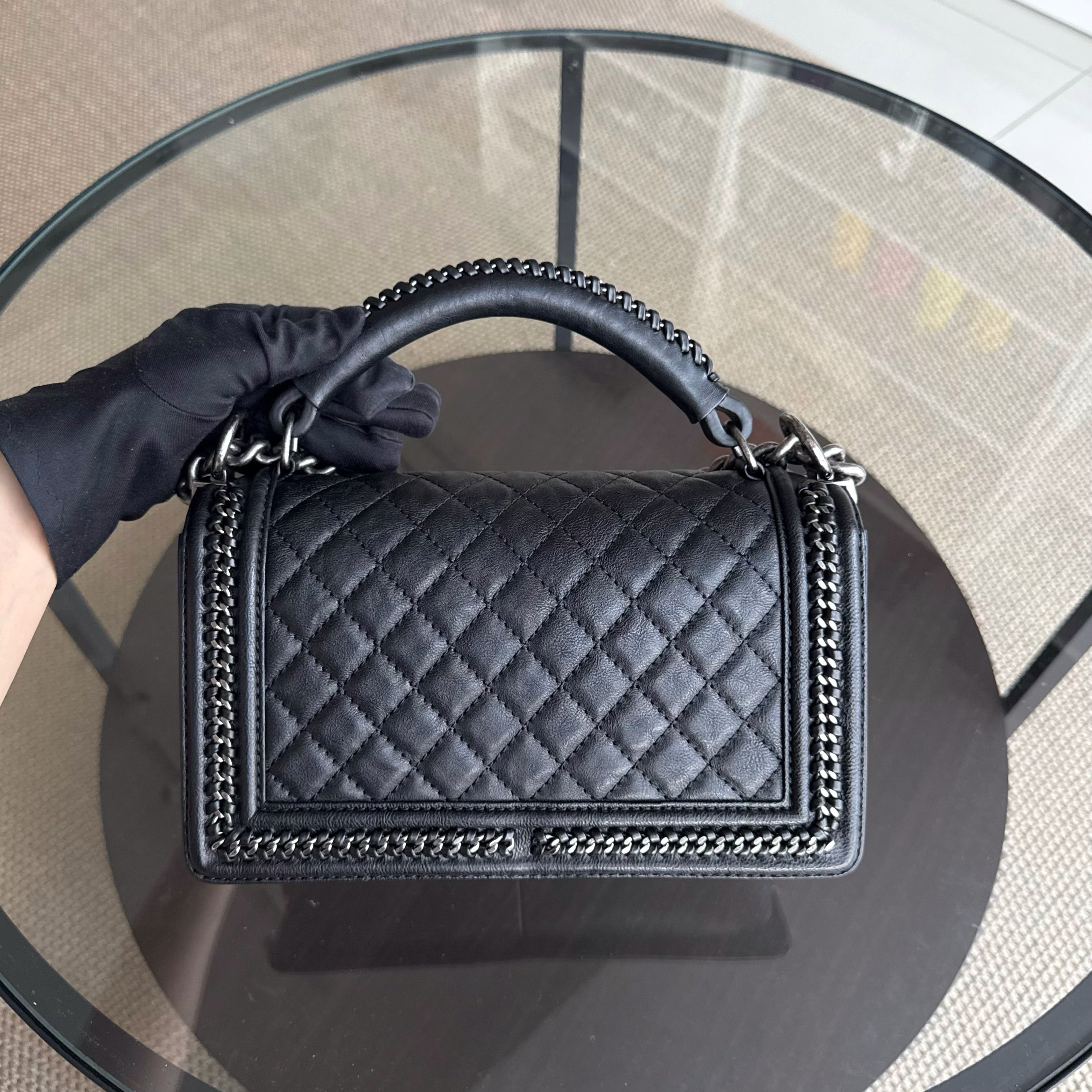 Chanel Boy Handle Old Medium 25CM Black Quilted Grained Calfskin With Handle Chain Around Ruthenium Silver Hardware Series 23