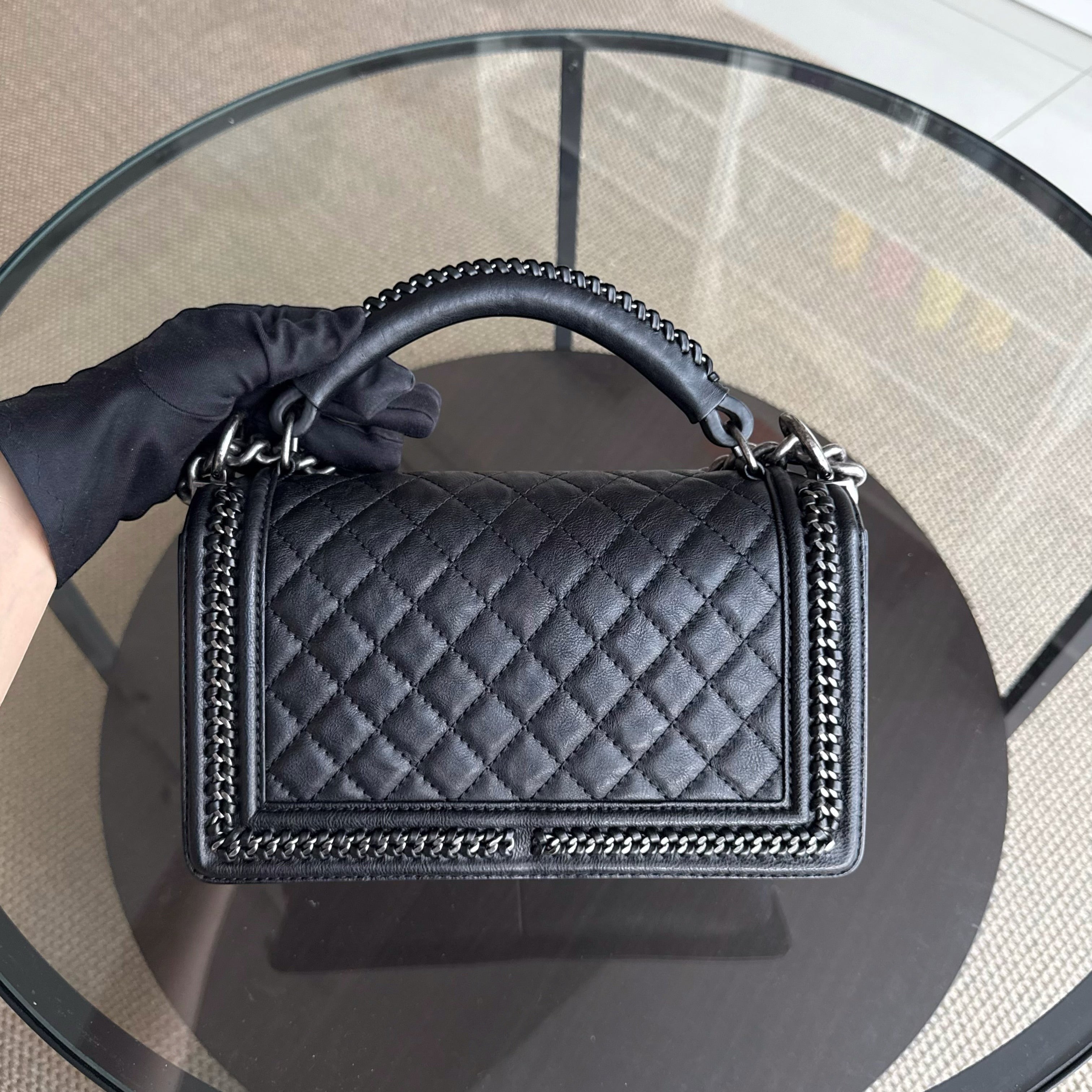 Chanel Boy Handle Medium 25CM Black Quilted Caviar With Handle Chain Around Ruthenium Silver Hardware Series 23