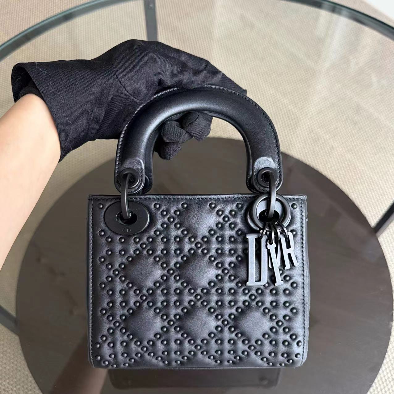 Dior Lady Mini - Cannage Studded All Black Shoulder Bag