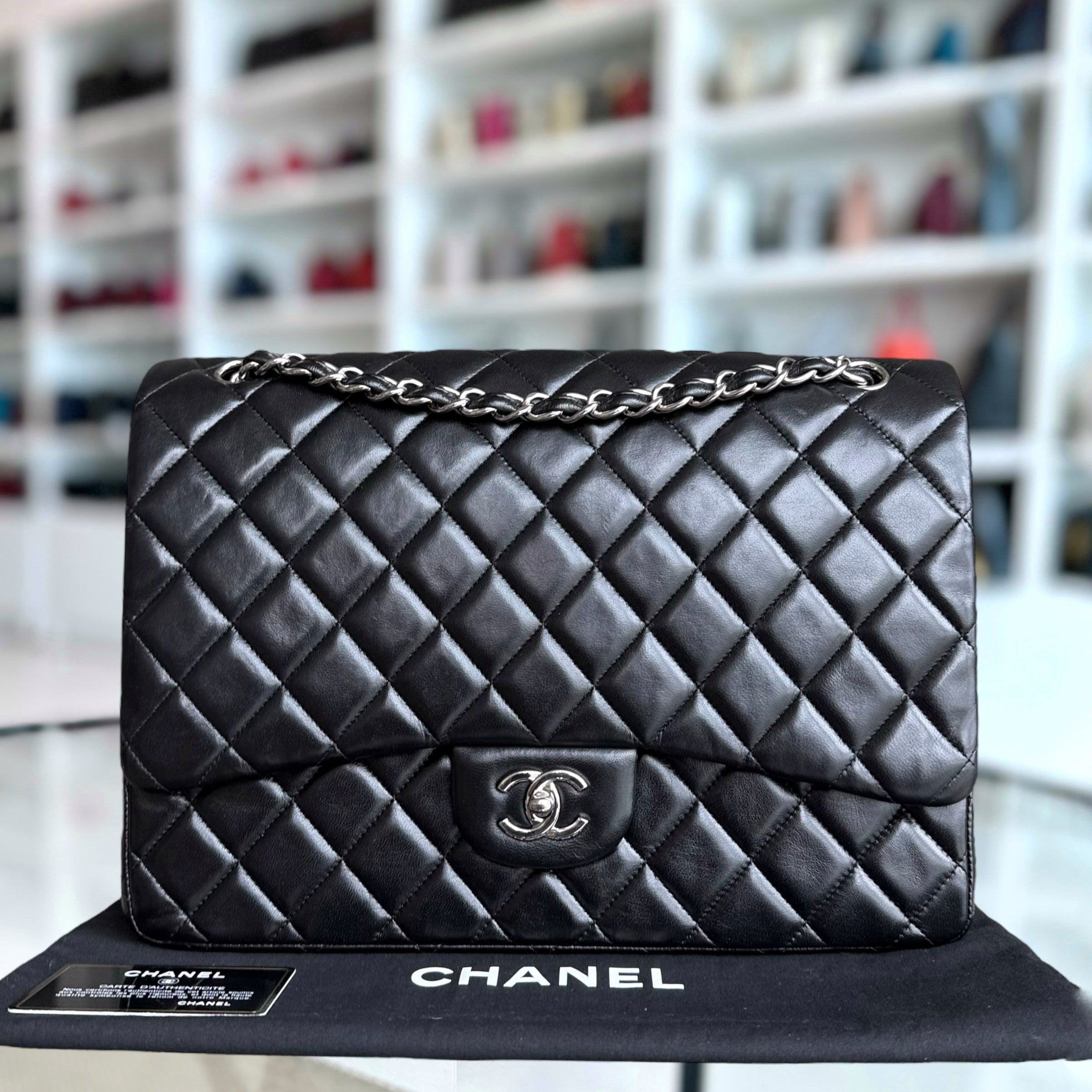 Chanel Classic Flap Maxi - 33CM Lambskin Single Flap Black Silver Hardware Series 13