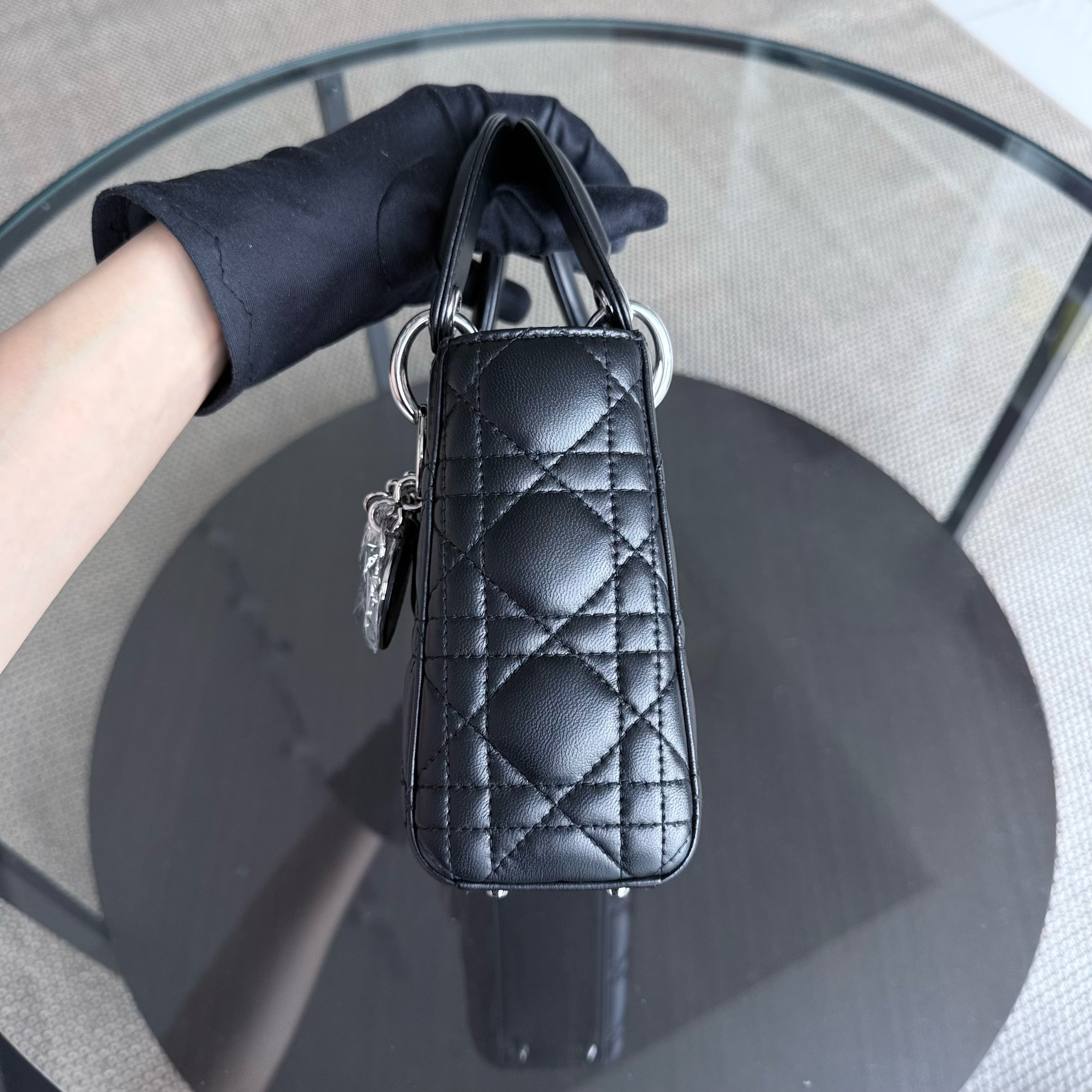 Dior Lady Mini - Cannage Lambskin Black Silver Hardware Chain Strap