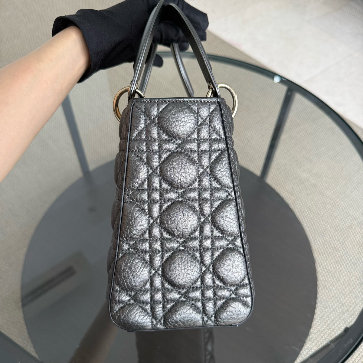 Dior Lady Medium Flap - Cannage Dark Gray Gold Hardware