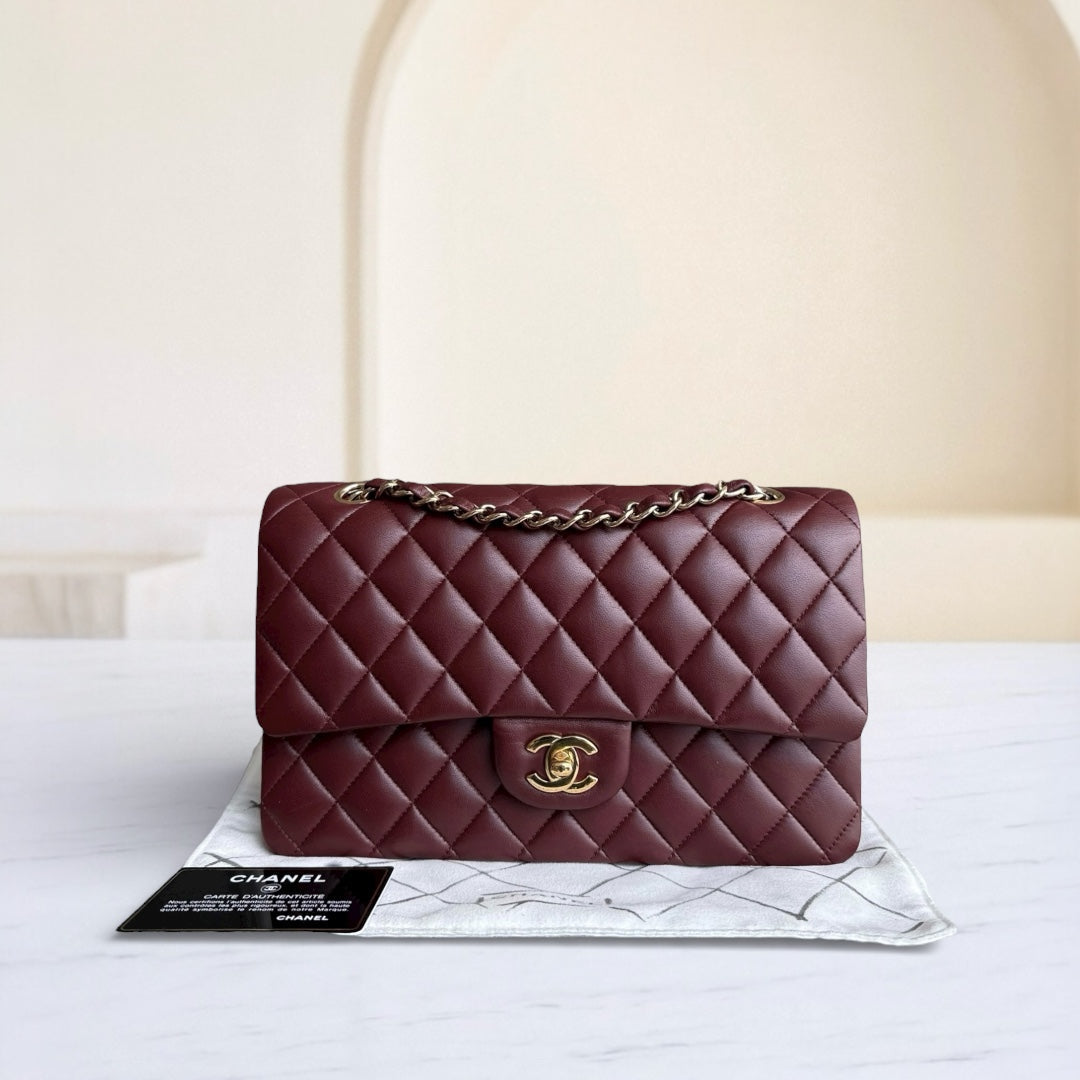 Chanel Classic Flap Medium - 25CM Quilted Lambskin Burgundy Dark Red Gold Hardware Series 21