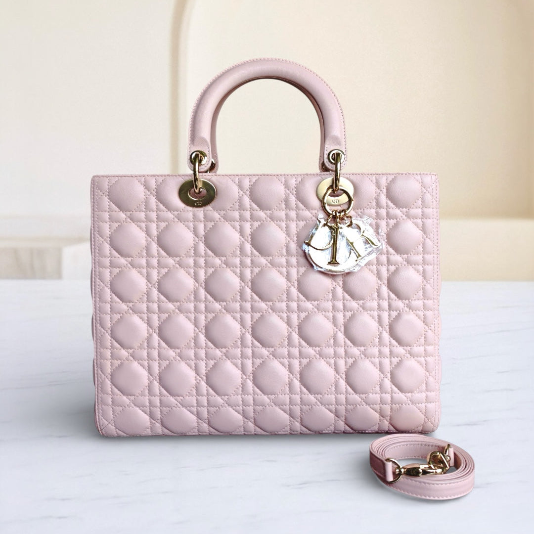 Dior Lady Large - Cannage Lambskin Light Pink Gold Hardware
