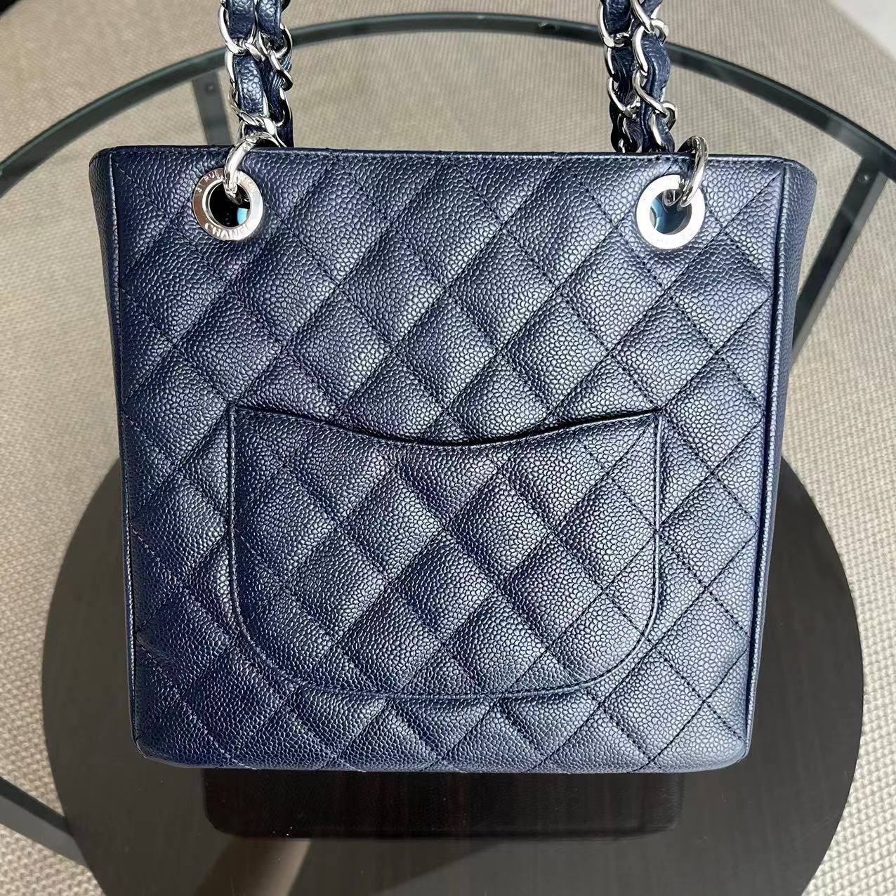 PST Petite Shopping Tote Caviar Quilted Dark Blue Silver Hardware Series 18