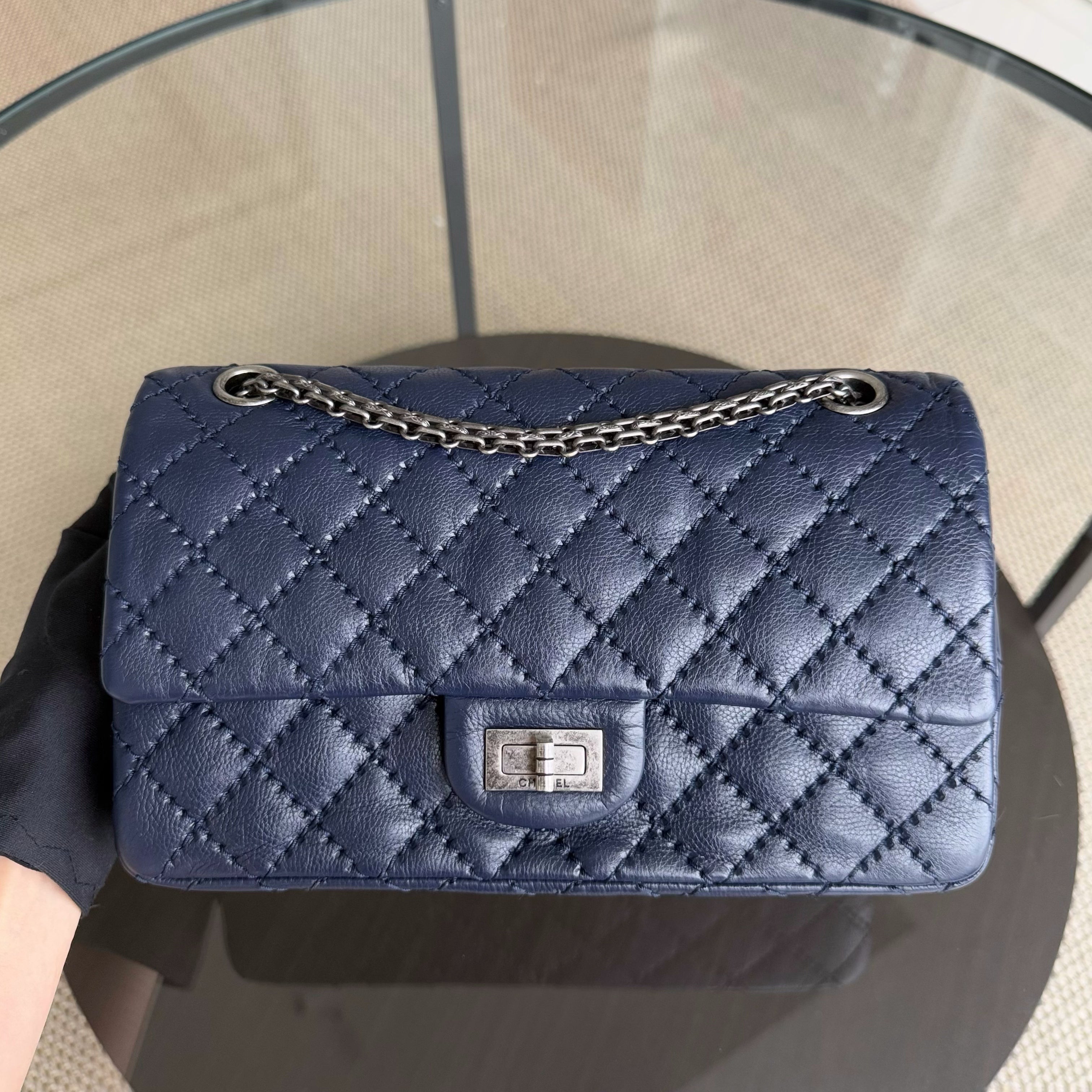 Chanel 2.55 225 Reissue - Small 24CM Quilted Grained Calfskin Dark Blue Ruthenium Silver Hardware Series 22