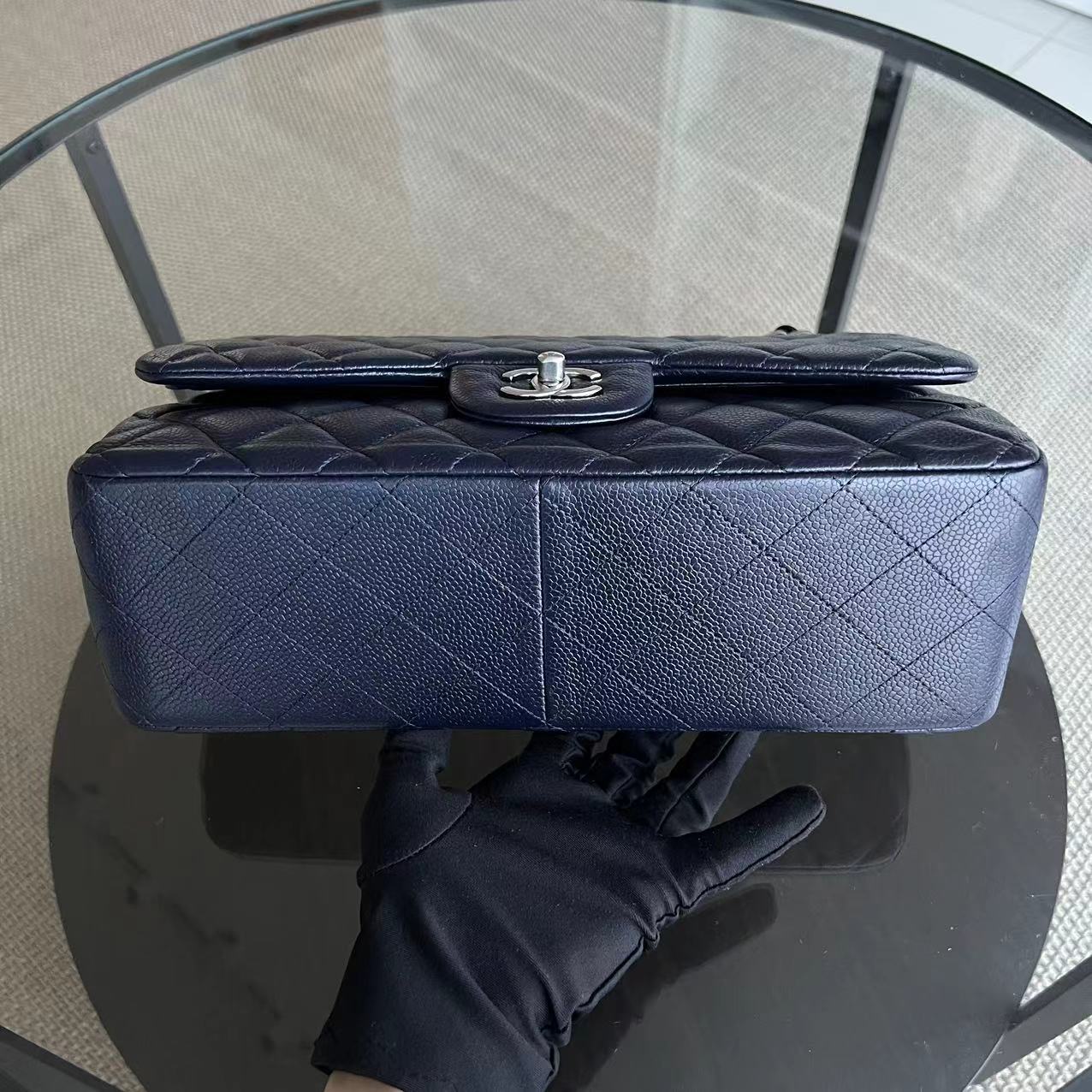 Caviar Jumbo Double Flap Classic Flap Quilted Grained Calfskin Dark Blue Silver Hardware Series 19