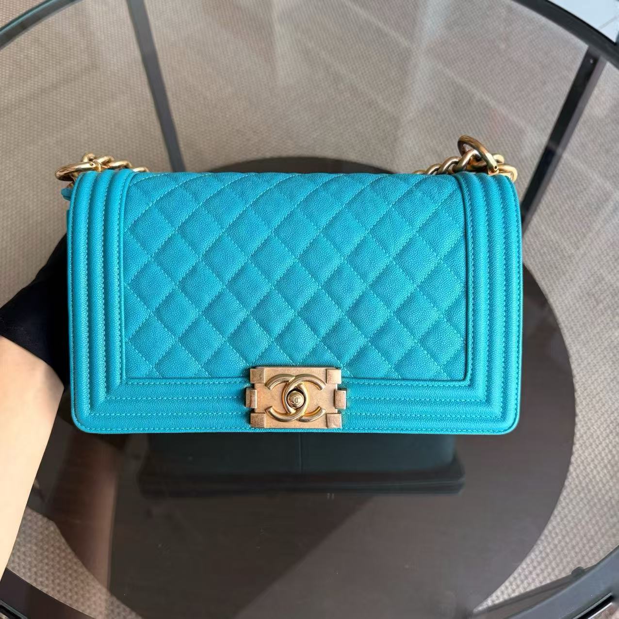 Chanel Boy Medium - Caviar 25CM Quilted Blue Gold Hardware Series 28