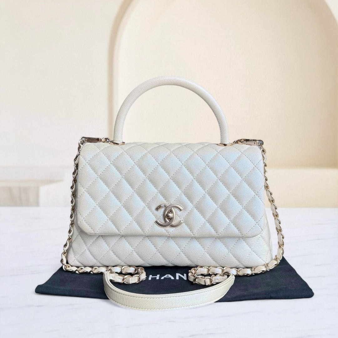 Chanel Coco Handle Medium - Caviar 29CM Quilted Irridescent Pearl White Gold Hardware Series 30