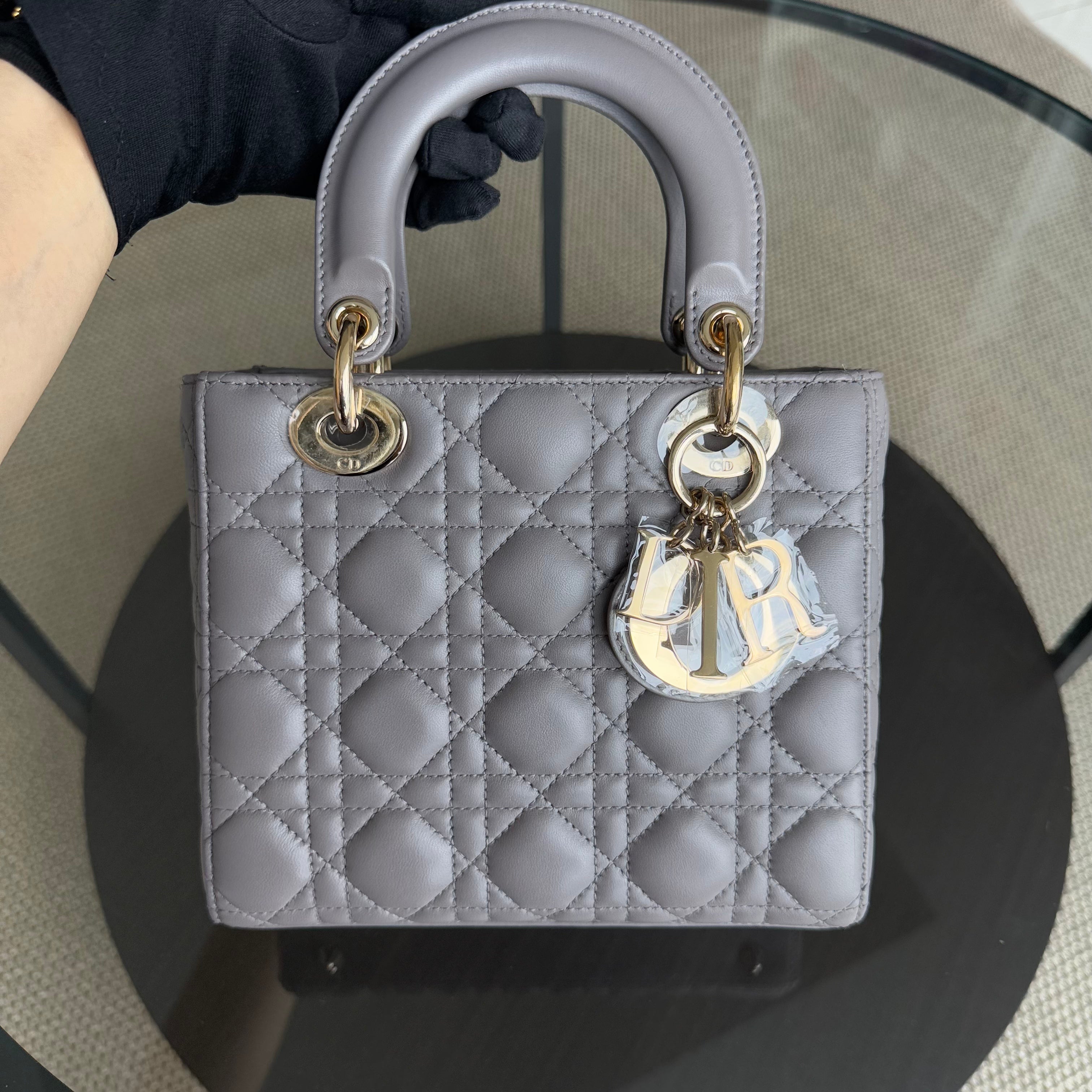 Dior Lady Small - Cannage Lambskin Grey Gray Gold Hardware with Charms