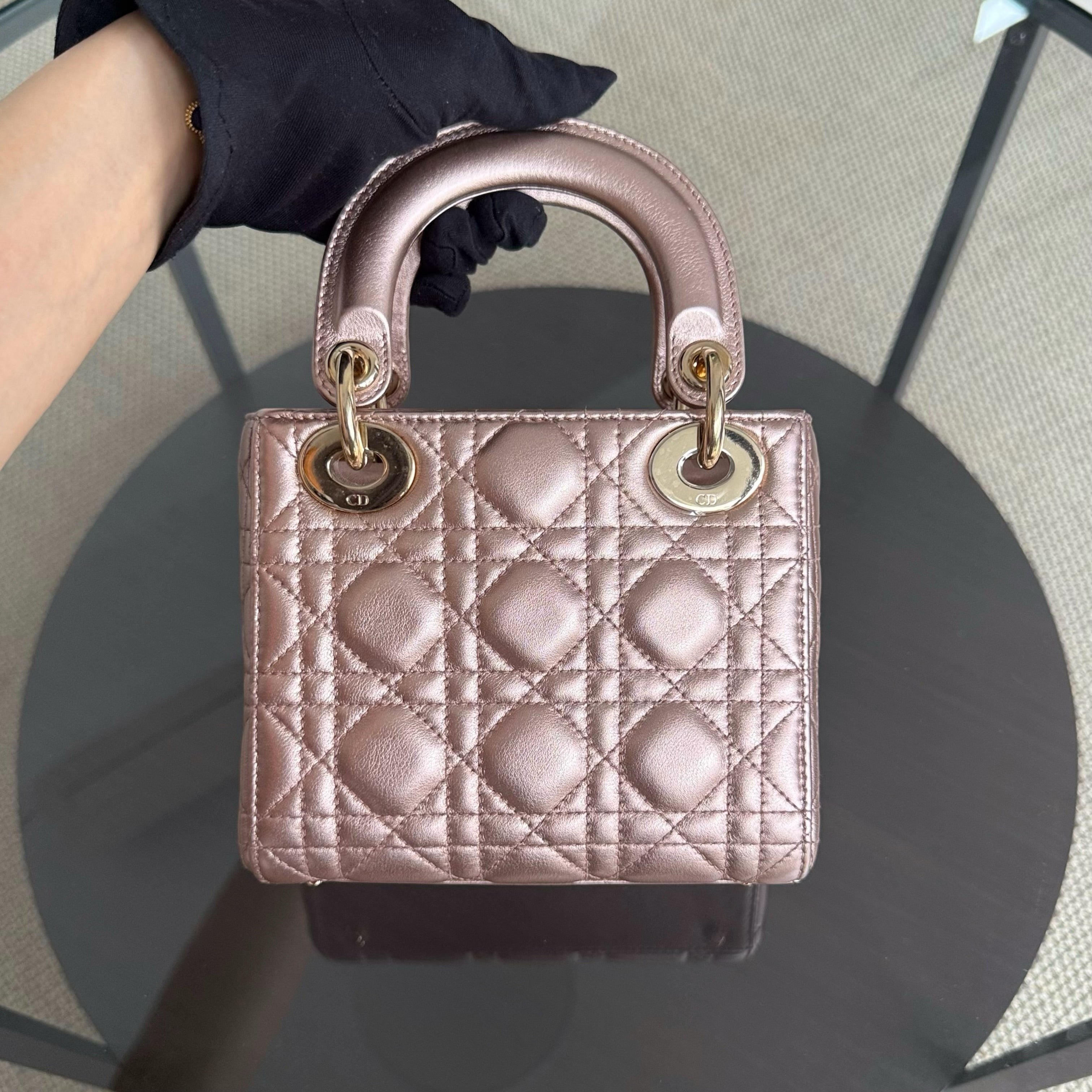 Dior Lady Mini - Cannage Rose Calfskin Gold Hardware Chain Strap