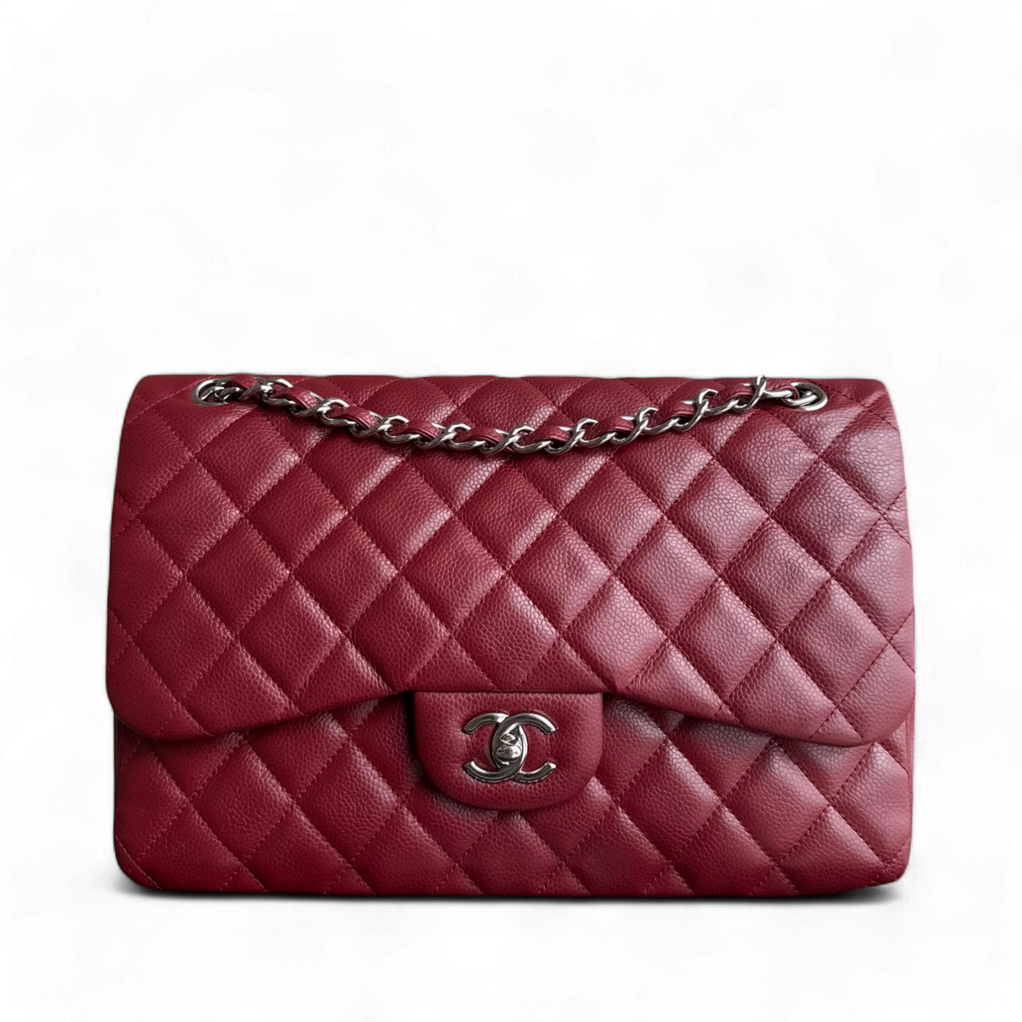 Chanel Classic Flap Jumbo - Caviar Double Flap Quilted Burgundy Dark Red Silver Hardware Series 15