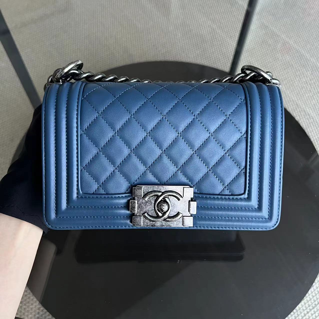 Small Boy Quilted Lambskin Blue Ruthenium Silver Hardware Series 23