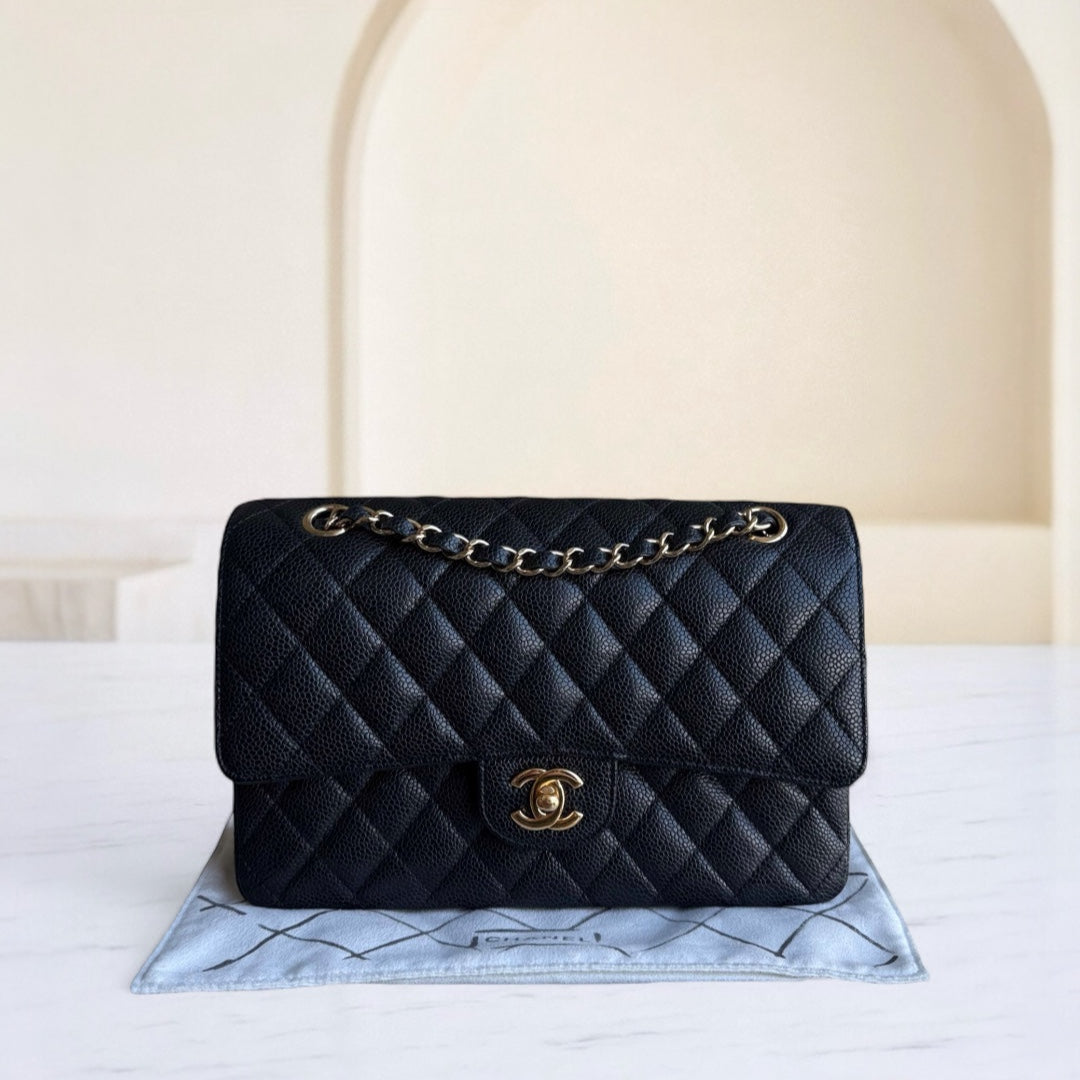 Chanel Classic Flap Medium - Caviar 25CM Quilted Grained Calfskin Black Gold Hardware Series 19