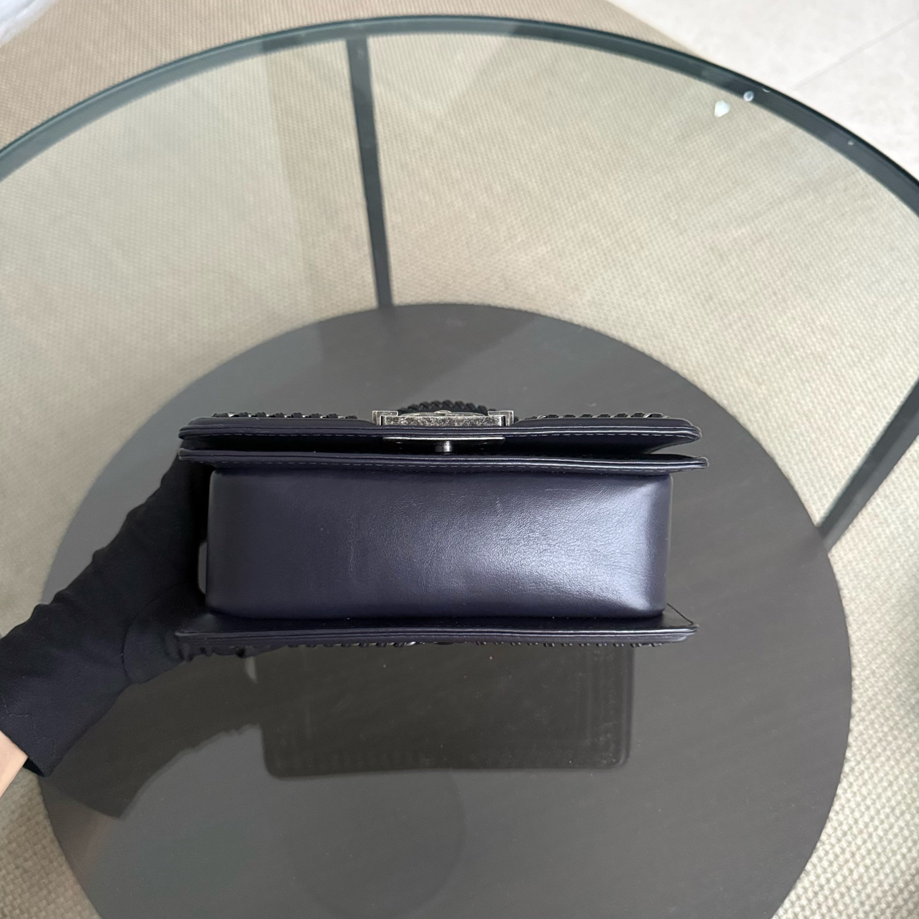 Chanel Boy Small Handle - 20CM Calfskin Chain Around Top Handle Limited Edition Dark Blue Ruthenium Silver Hardware Series 21