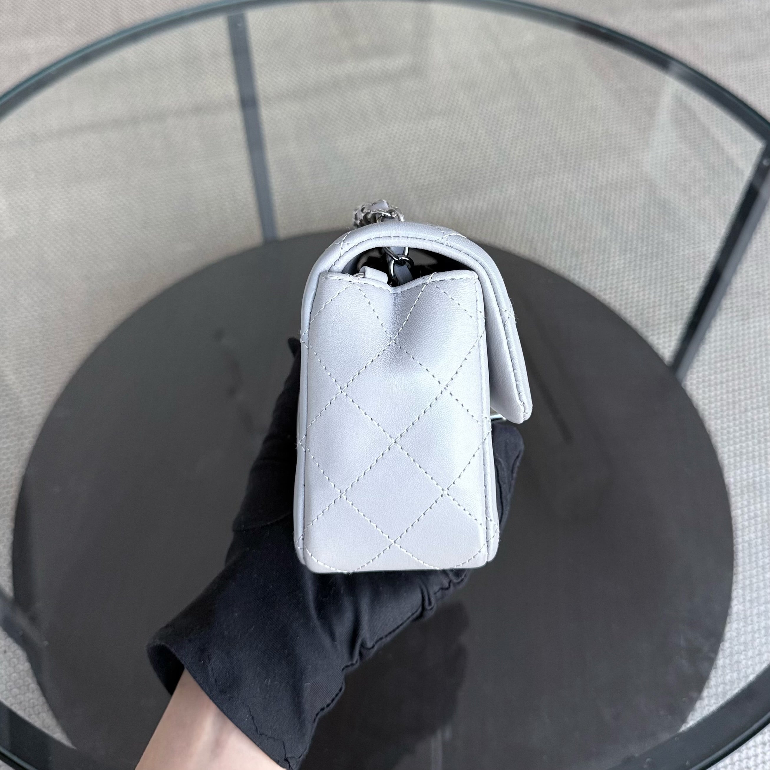 Chanel Lambskin Mini Rectangle Classic Flap - 20CM Quilted Gray Silver Hardware Microchip